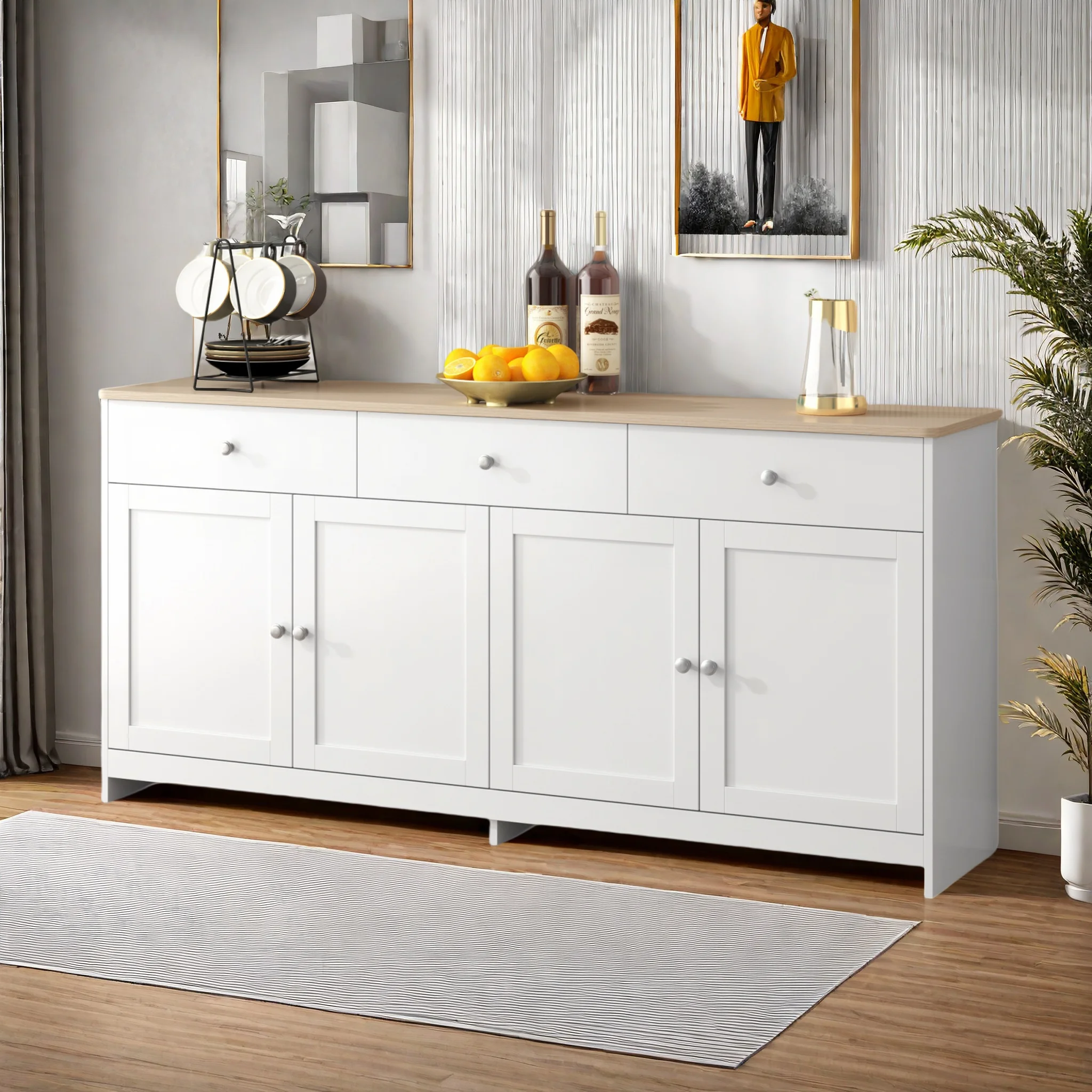 Anajqaqia Buffetschrank, geräumiger Küchenschrank mit 3 Schubladen und verstellbaren Regalen, für Wohnzimmer, Küche, Weiß Image