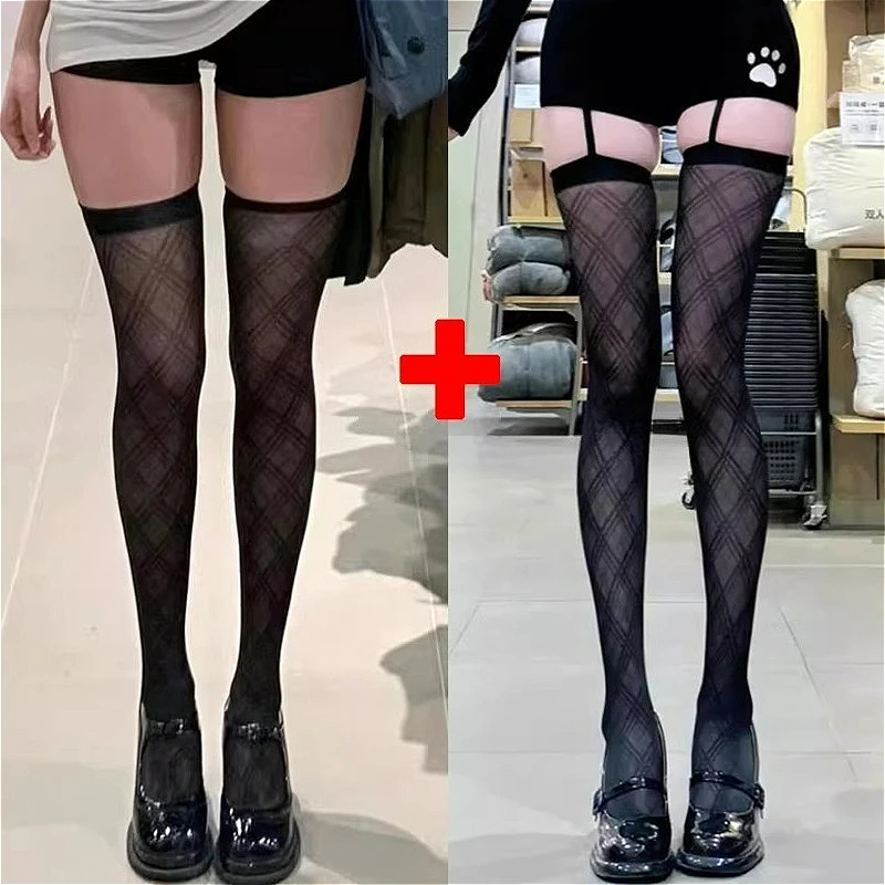 Frauen Argyle Muster Hosenträger Breitband Strumpfhosen Lolita Oberschenkel Hohe Strümpfe mit Strumpfbändern Y2K JK College Overknee Socken Image