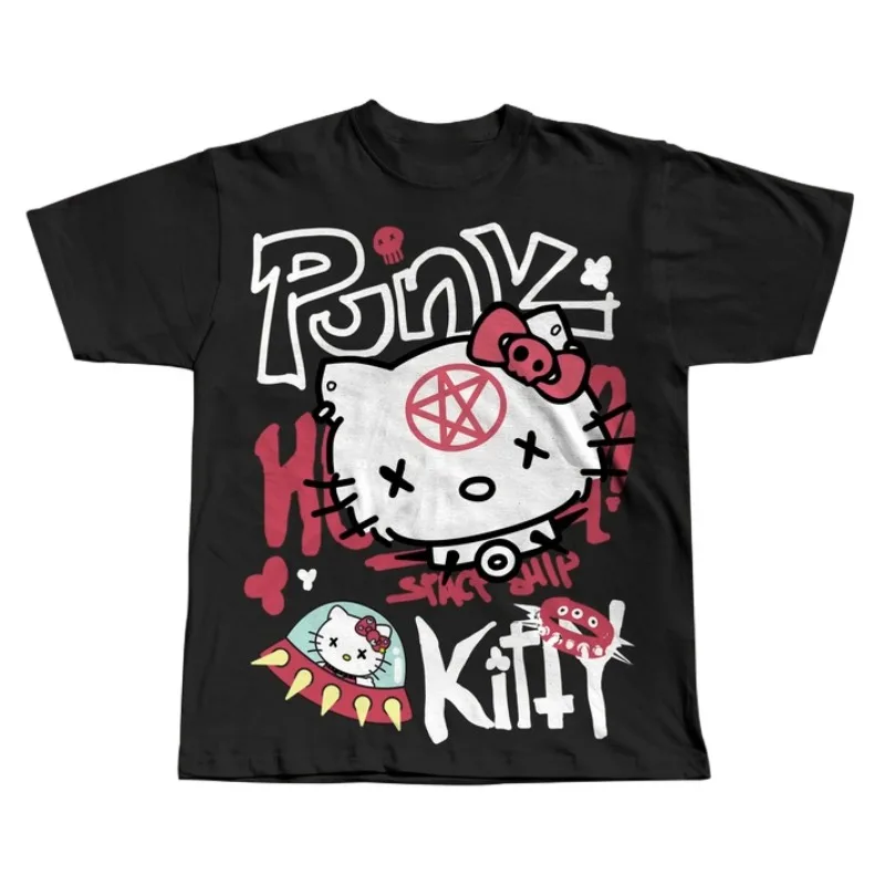 2026 Sommer Hello Kitty Retro Hochwertiges T-Shirt 100% Baumwolle Oversized Punk Gothic Print Unisex Casual Tee für Herren Damen Kinder