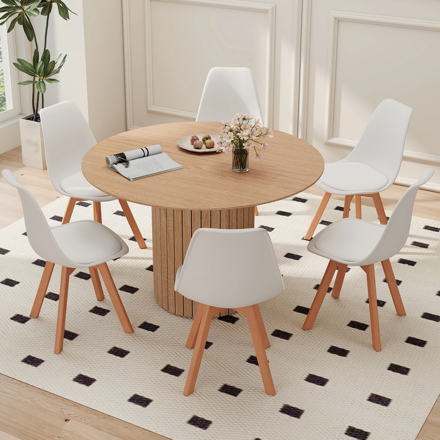 GrandCA HOME Runder Esstisch und 6 Stühle Set, 7-teiliges Set, 120CM Moderner Holztisch für Restaurants, Wohnzimmer, Cafés.