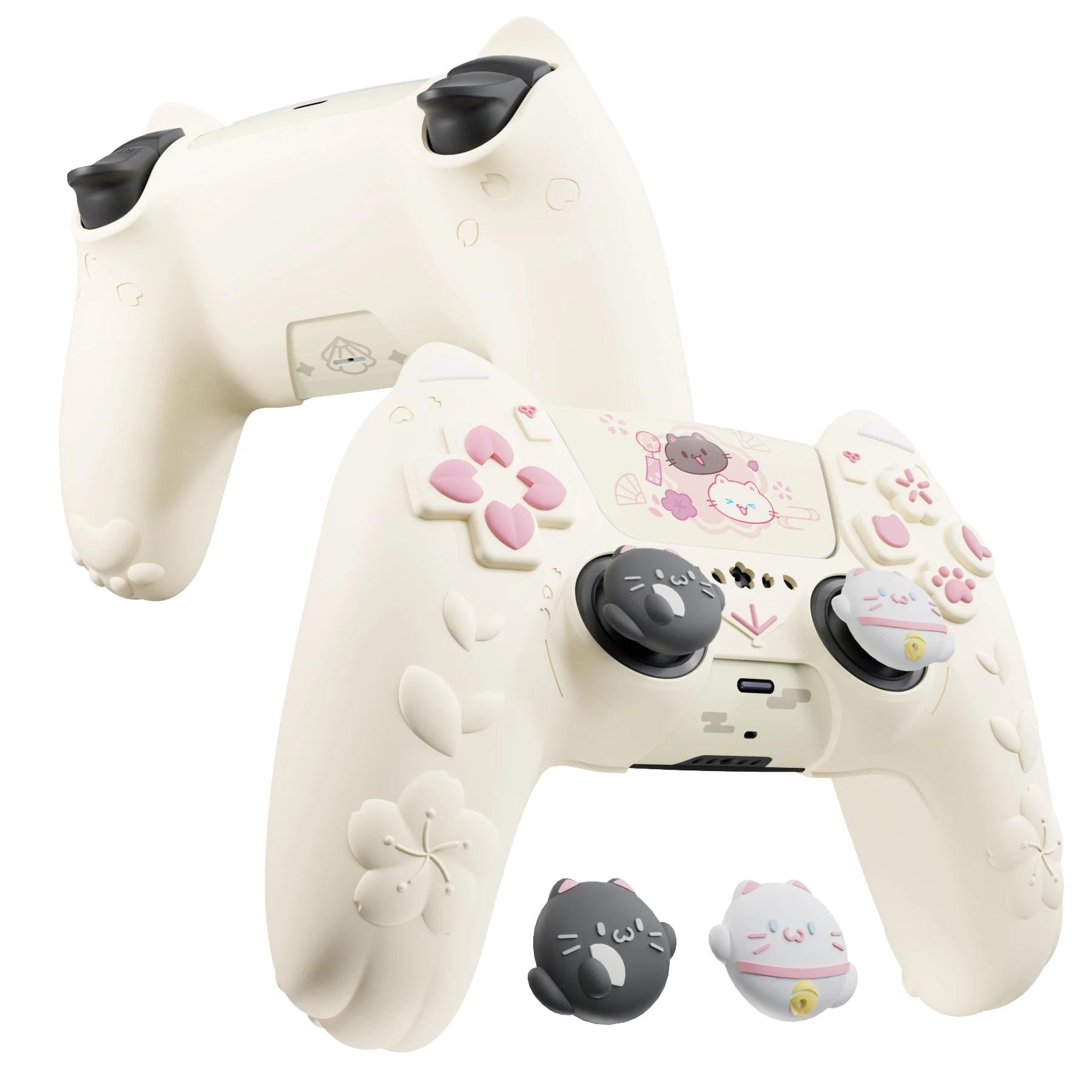 PlayVital für PS5 Controller-Hülle - Kirschblüten-Kätzchen Anti-Rutsch-Griffhülle mit Daumengriff, Weiche Gummi-Schutzhülle Image