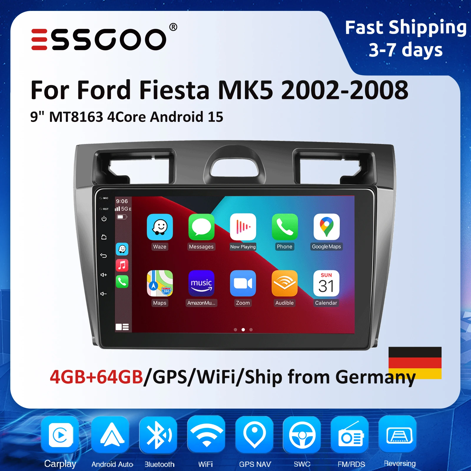ESSGOO Kabelloses CarPlay Android Auto Autoradio für Ford Fiesta MK5 2002-2008 Multivan GPS Multimedia Stereo 4GB 64GB RDS MT8163 Image