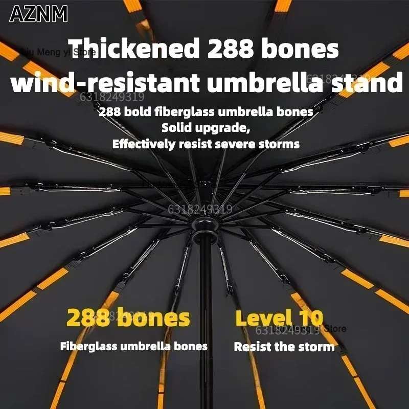 Automatischer, regensicherer Regenschirm, 288 verstärkte Glasfaserrippen, Sonnenschutz, UV-UPF50+, kompakter Faltschirm für Herren Image