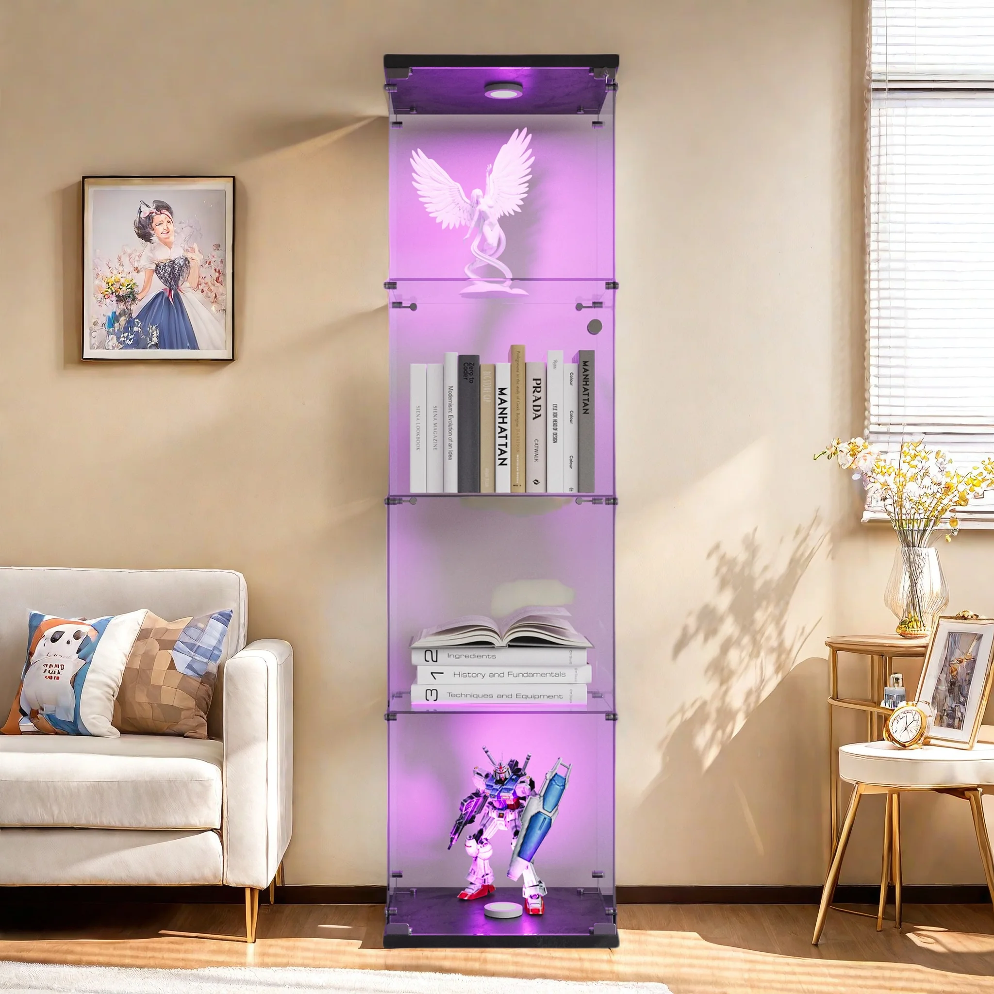 Anajqaqia 164×42×36 cm Glasvitrine mit Tür, Glasvitrine mit 4 Regalen, Beleuchtung und Schloss für Zimmer, Schwarz Image