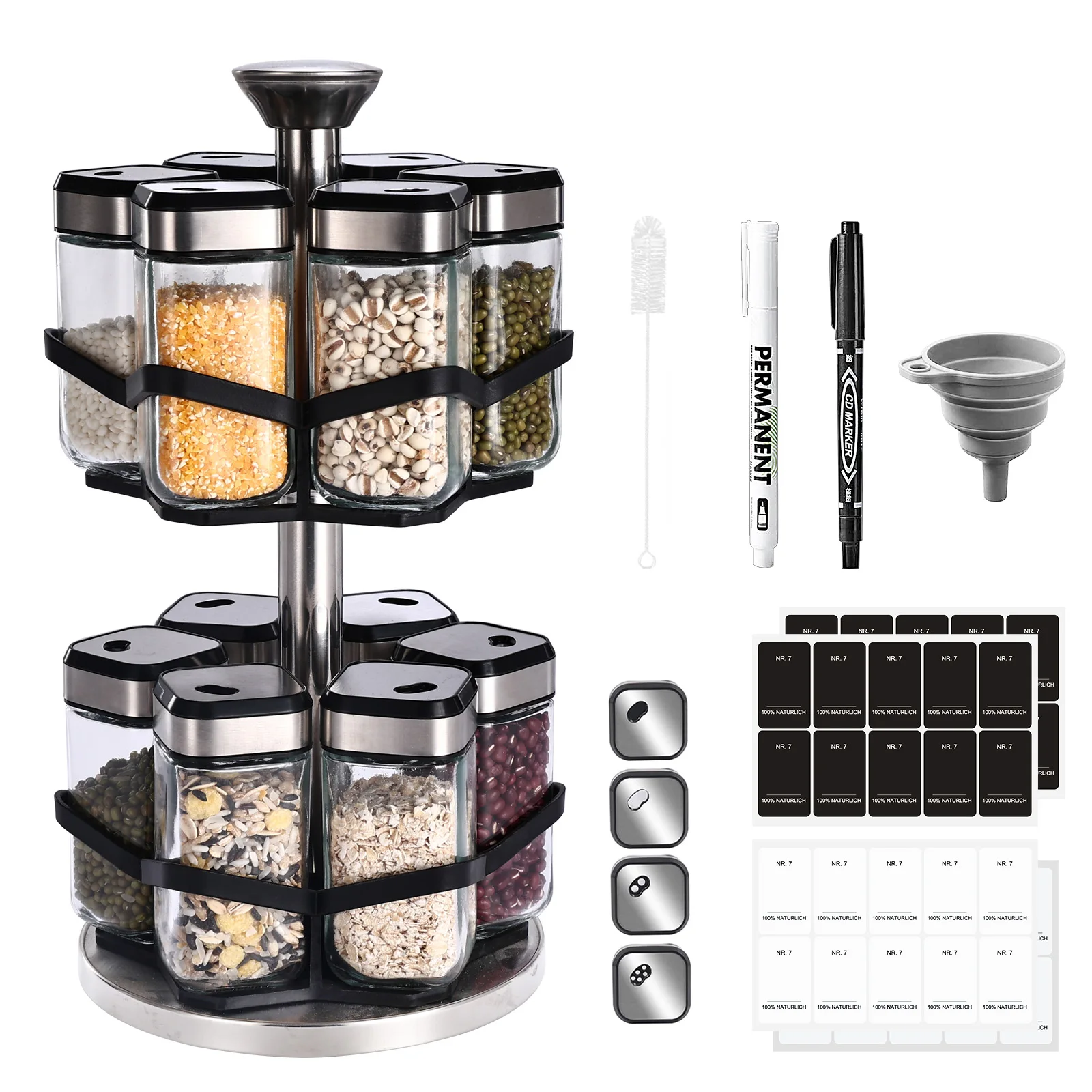 SAEIV 2-Schicht 360 ° Drehbarer Edelstahl-Gewürzständer mit 12 120 ml Gewürzgläsern mit Drehdeckeln, für Einfachen Zugriff auf Gewürze Image