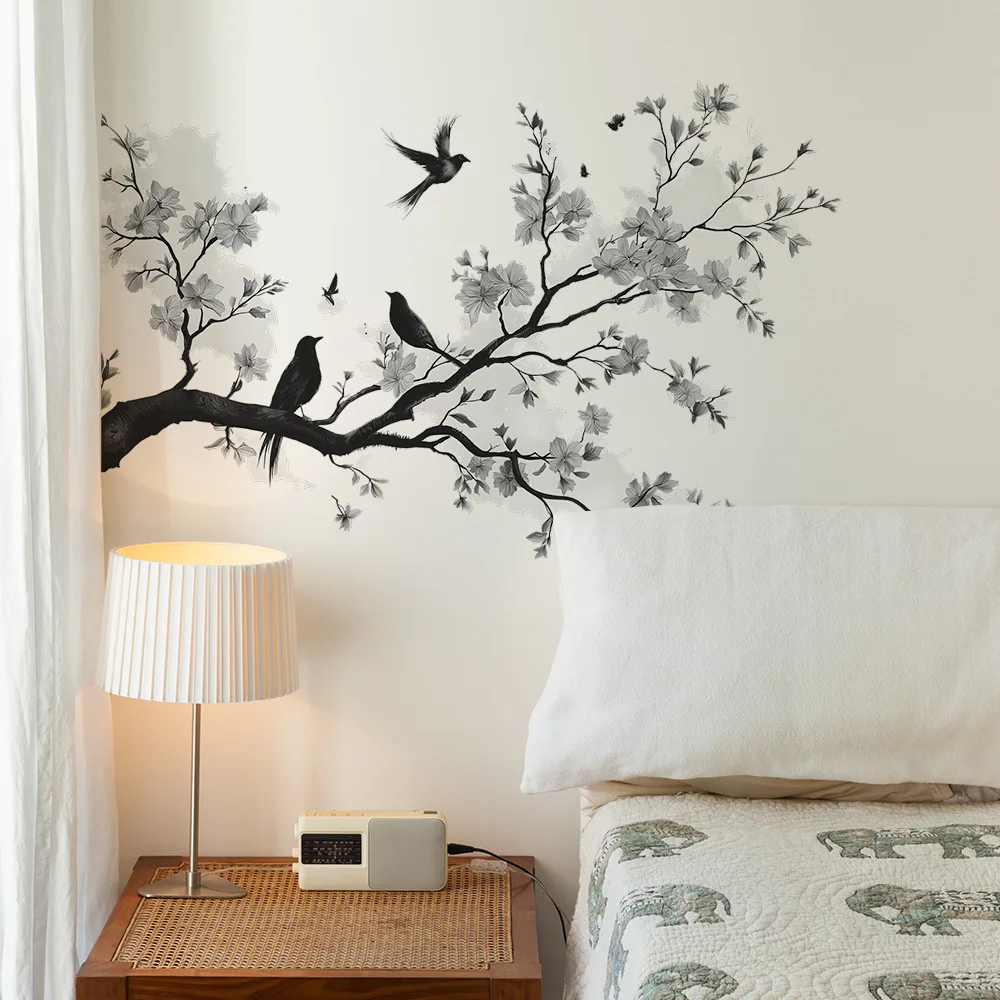 Schwarz-weiße Blumen Wandaufkleber Zweig Vogel für Blüte Wandaufkleber Home Dekoration Mädchen Wohnzimmer Schlafzimmer Wandtattoo