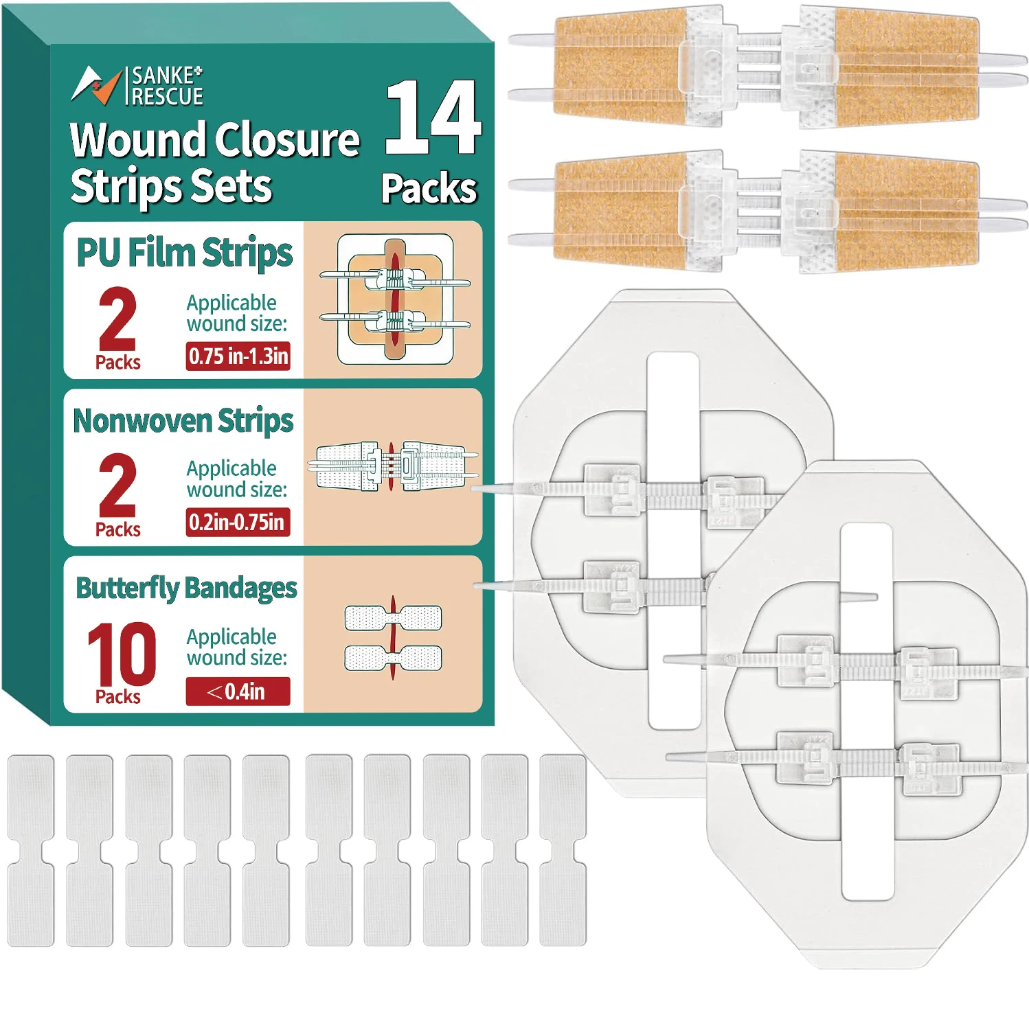 Sanke Rescue 14/28 Pack Wundverschlussstreifen Butterfly-Bandagen Notfall-Wundverschluss-Kit Wundreparatur-Verschlussvorrichtung Image
