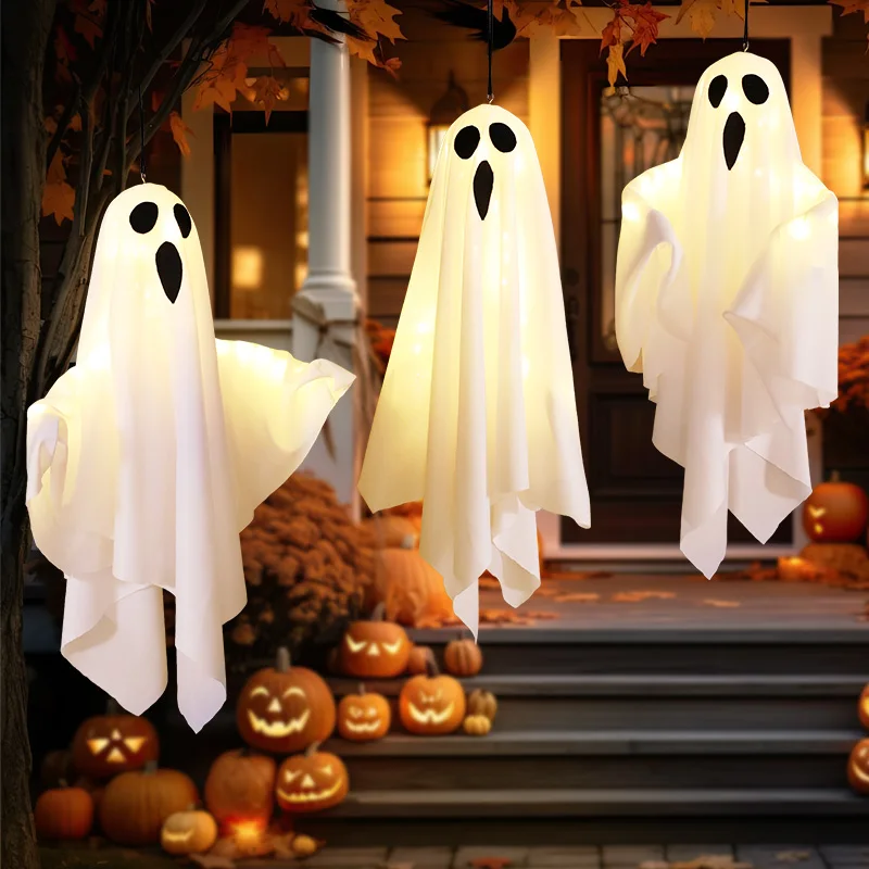 Halloween Leuchtende Weiße Geister-LED Hängende Geister Horror-Requisiten mit Lichterkette für Innen und Außen Spukhaus Halloween-Dekoration