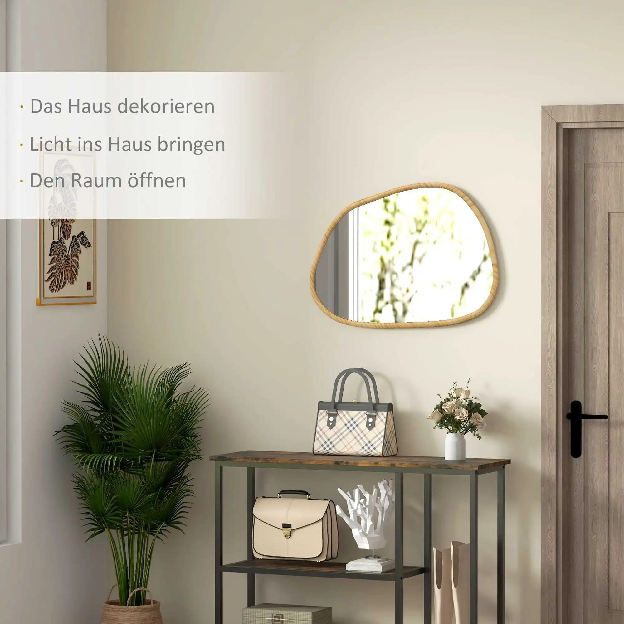 Asymmetrischer Wandspiegel 70x50cm Badezimmerspiegel, Holzrahmen, Antioxidation, geeignet für Badezimmer, Wohnzimmer