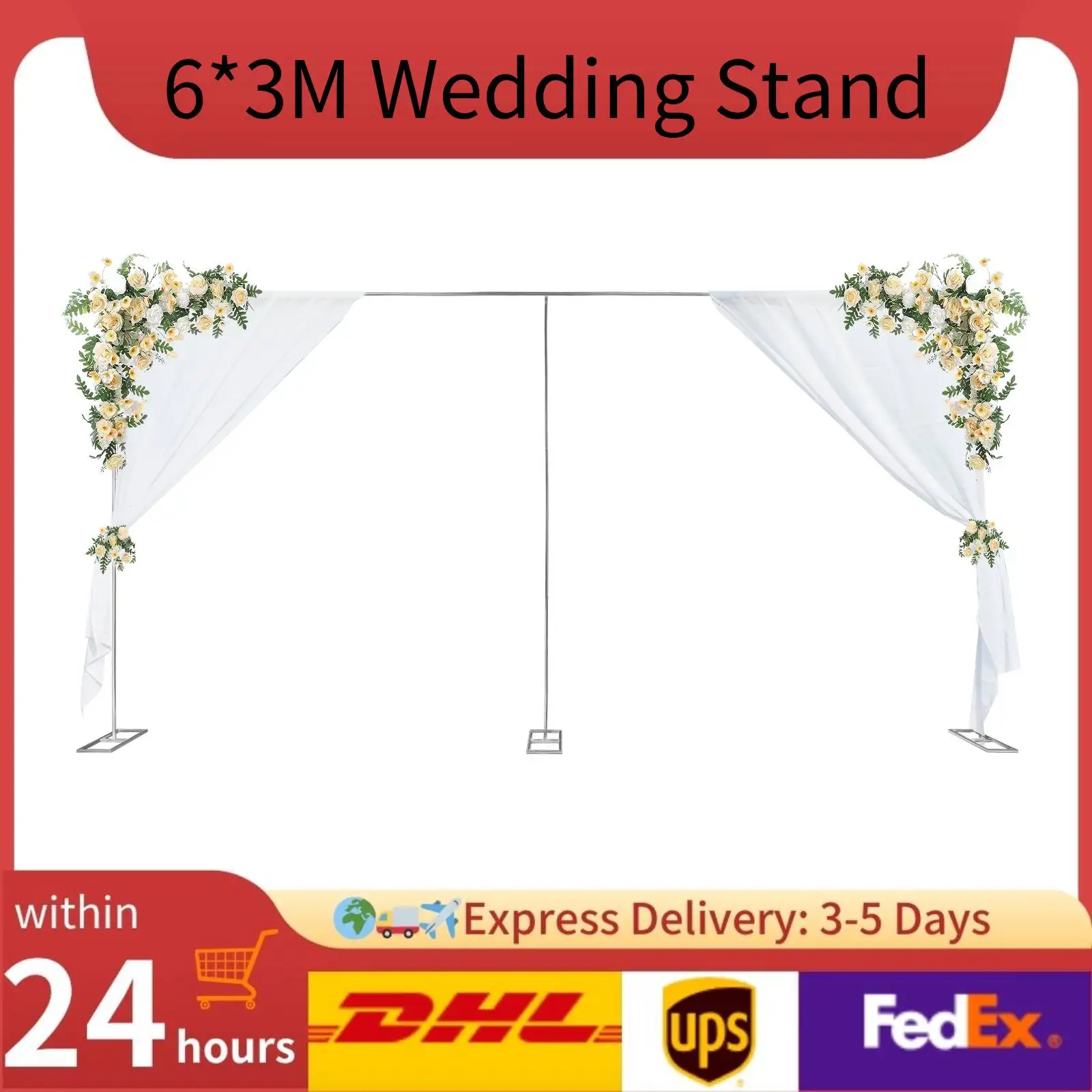 Hochzeitsbogenständer, 6 x 3 m, freistehender Metallrahmen, verzinktes Eisenrohr-Hintergrund-Set mit Basen für Party-Fotokabinen-Dekoration Image