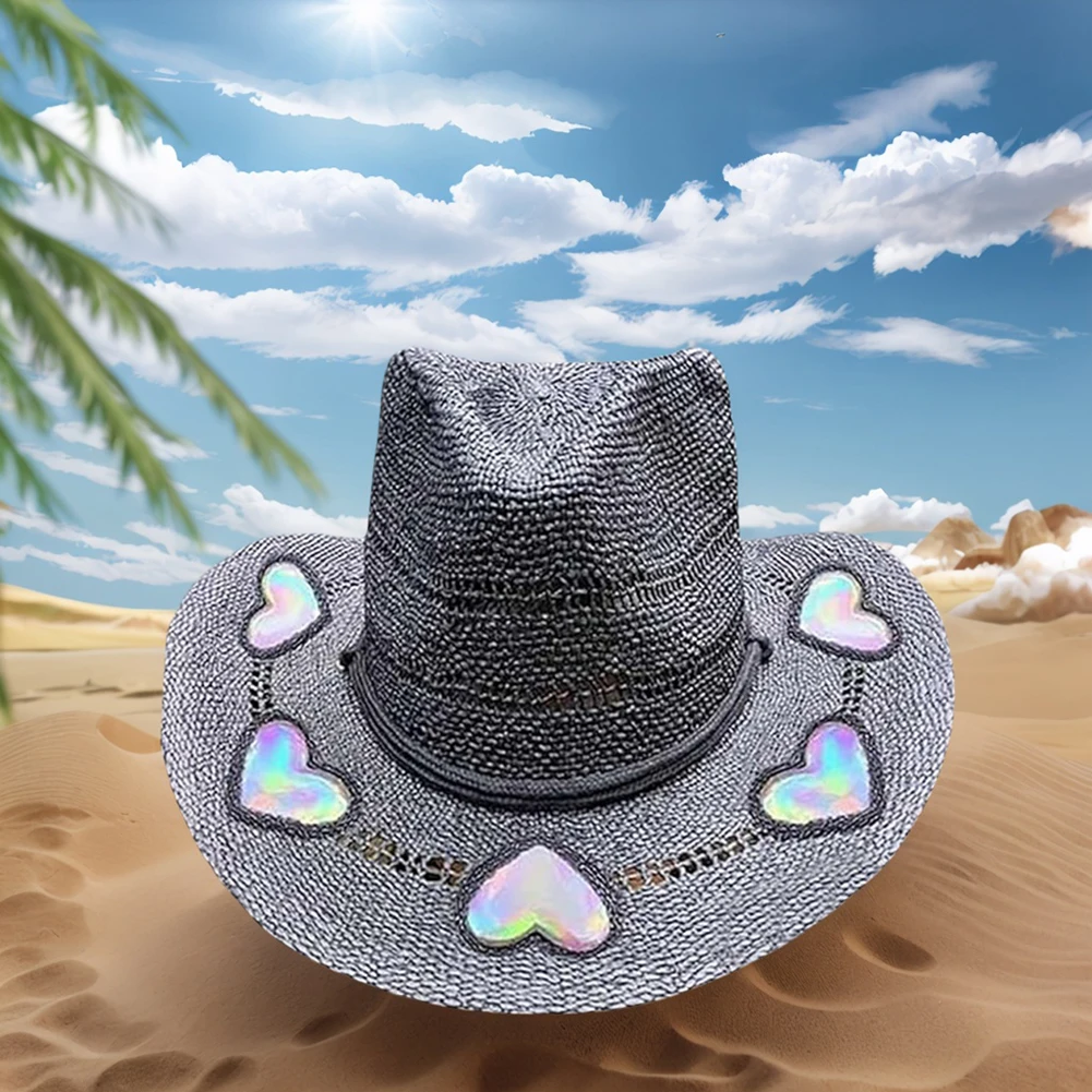 Stroh Western Cowboyhut für Frauen Mädchen Formbarer Glitzer Cowgirlhut Vintage Sommer Gewebter Cowboy Sonnenhut für Musik Strand Party Image