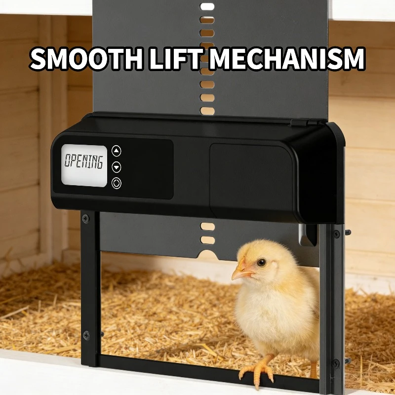 Automatische Hühnerstalltür, batteriebetrieben, elektrisches Metall-LCD-Display, automatisches Öffnen und Schließen der Coop-Tür, Landwirtschaftsmanagement-Tool Image