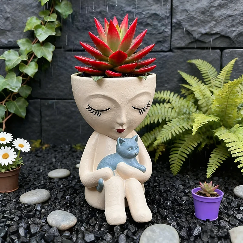 Einfache Sitzende Figur-Mädchen mit Katze Blumentopf Kreative Sukkulenten-Vase Behälter für Außenbereich Hof Garten Dekoration Image