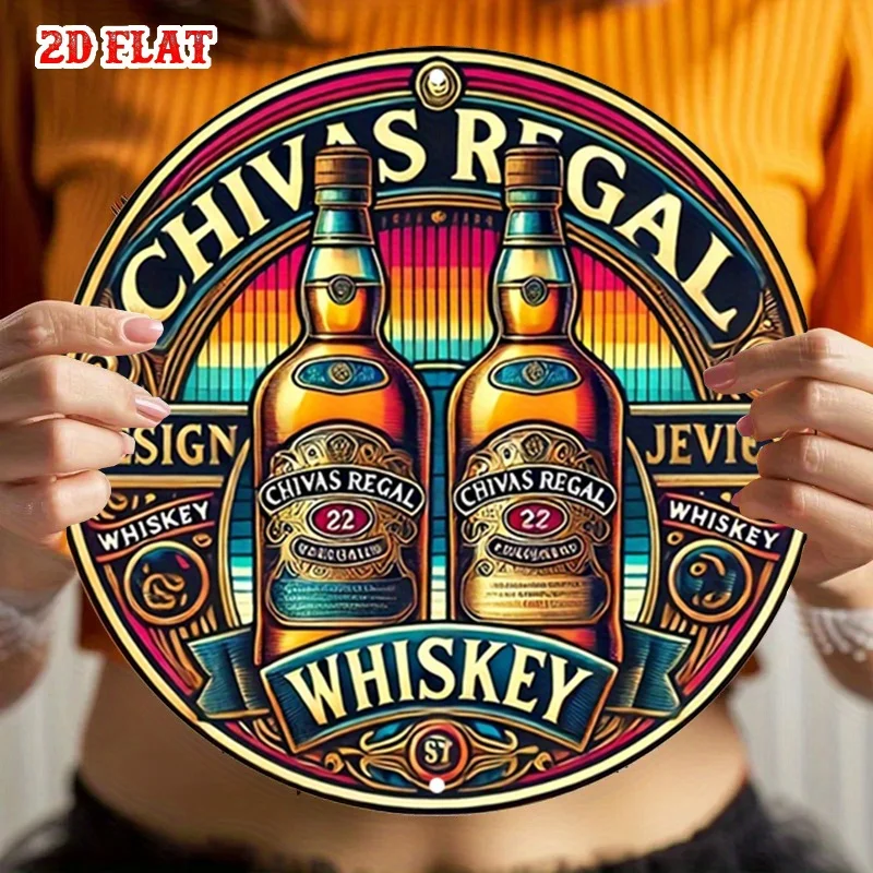 2D Flaches 1-teiliges Rundes Aluminiumschild mit Festlichem Motiv, Luxuriöses Metallschild, Elegantes Whiskey-Schild zur Raumdekoration Image