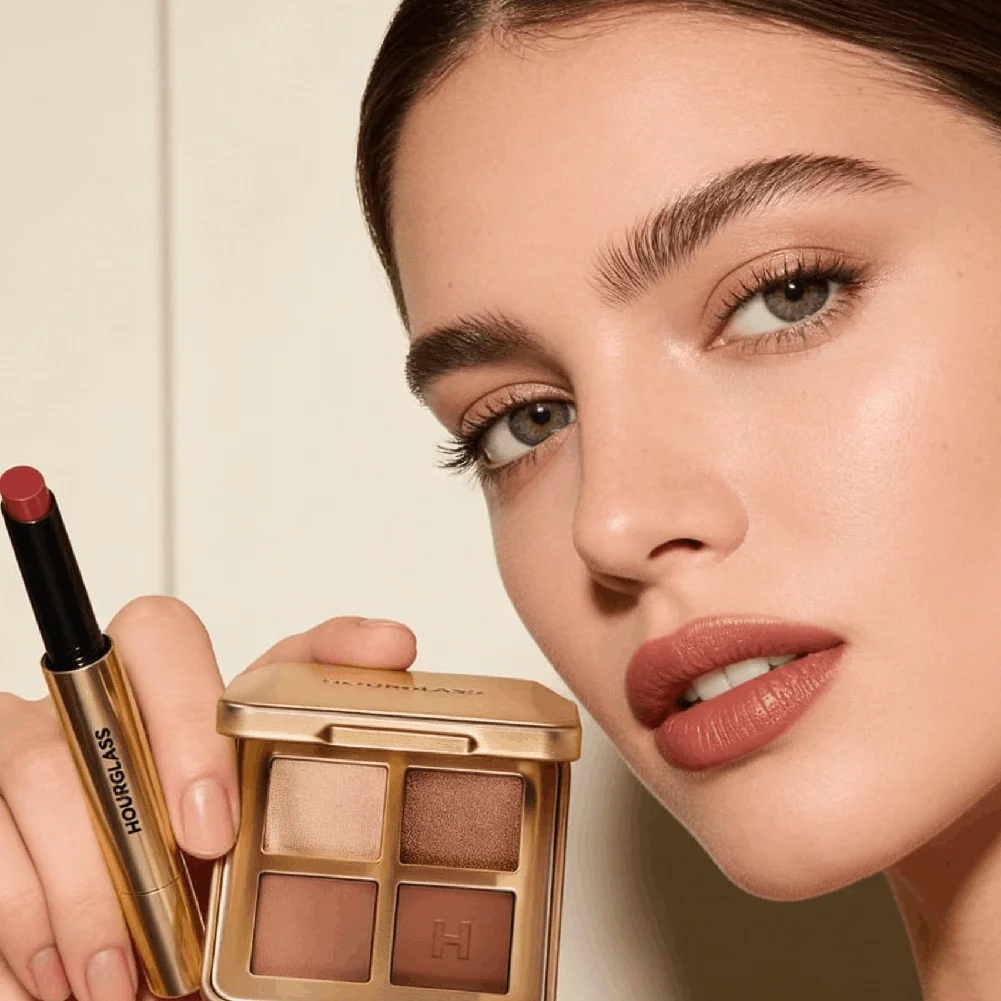 Hourglass 4-Farben-Lidschattenpalette, tragbarer Glitzer-Flash-Highlighter, aufhellender Lidschatten mit doppelseitigem Make-up-Pinsel Image