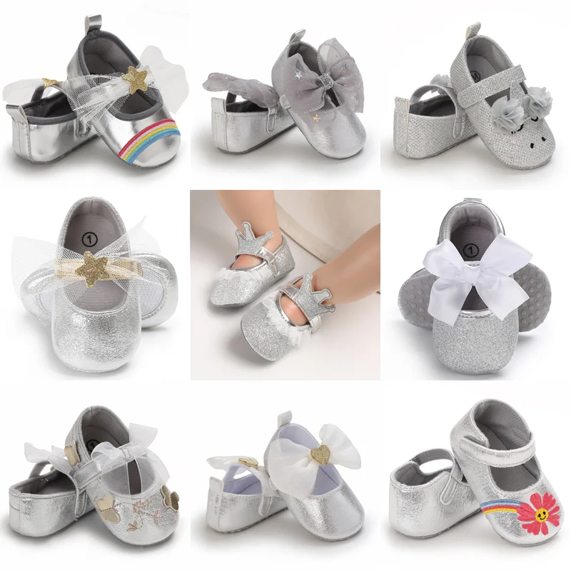 Nette 0-18M Frühling Neugeborenen Silber Baby Schuhe Non Slip Tuch Unten Mädchen Schuhe Elegante Atmungsaktive Casual Baby erste Wanderschuhe