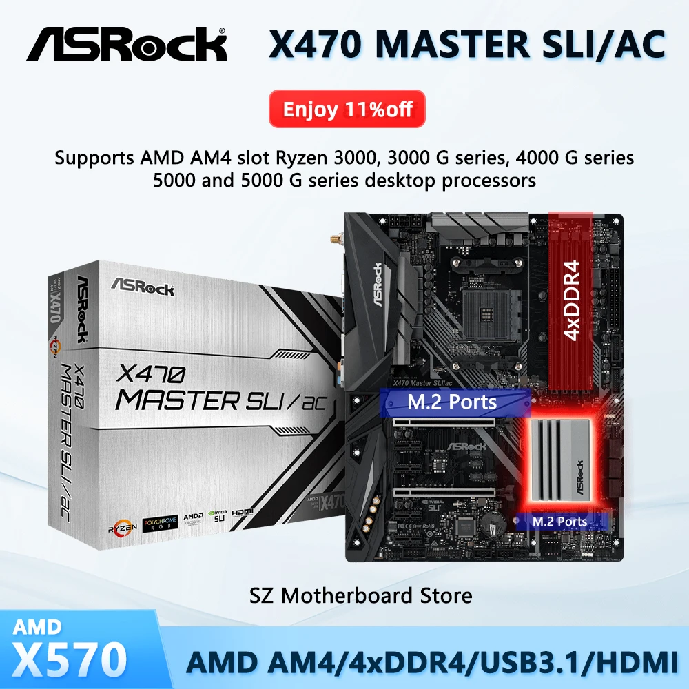 ASROCK brandneues X470 MASTER SLI/AC AMD X470 Motherboard AM4 Support Ryzen 7 5800X Ryzen 7 5800X3D 5 5500 9 5900X DDR4 M.2 ATX Image
