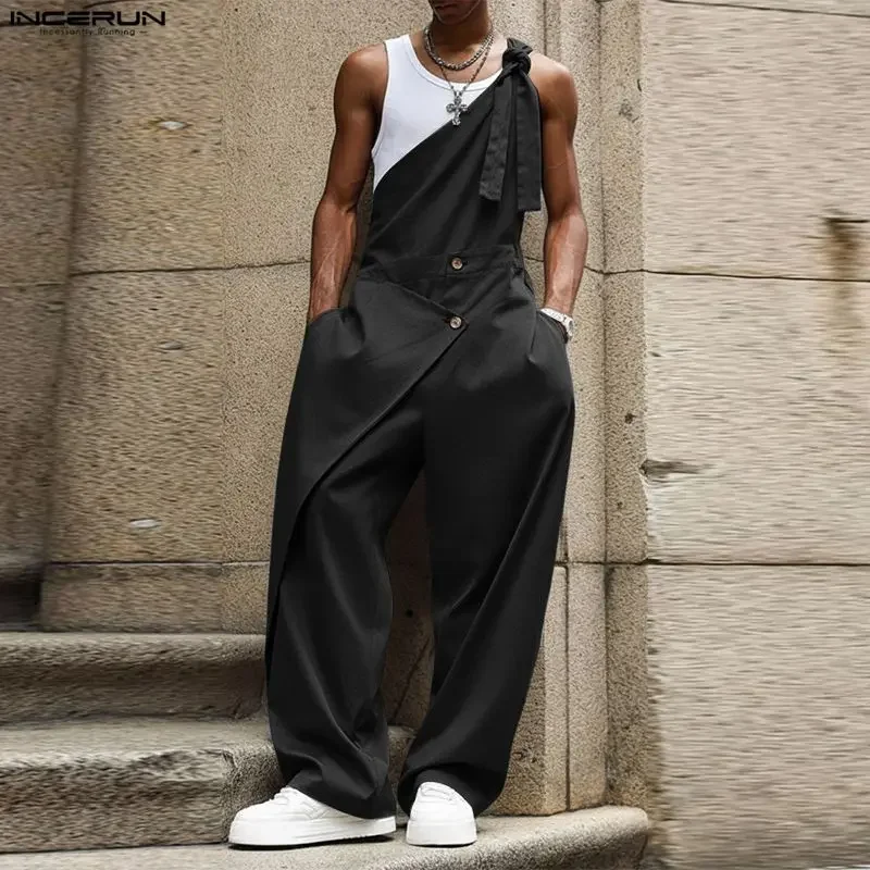 INCERUN Herren-Jumpsuits, einfarbig, ärmellos, lässig, Streetwear, locker, 2026, mit Schnürung, modische Playsuits, Herren-Overalls Image