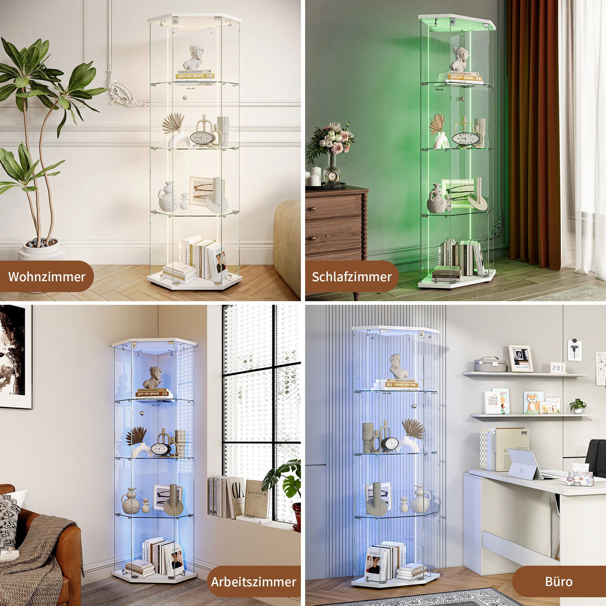 Anajqaqia Einzel-Türschrank mit 4 Regalen, Fünfeckiger Schrank, Moderner Glas-Vitrinenschrank mit Lichtleiste für Sammlerstücke, Bücher Image