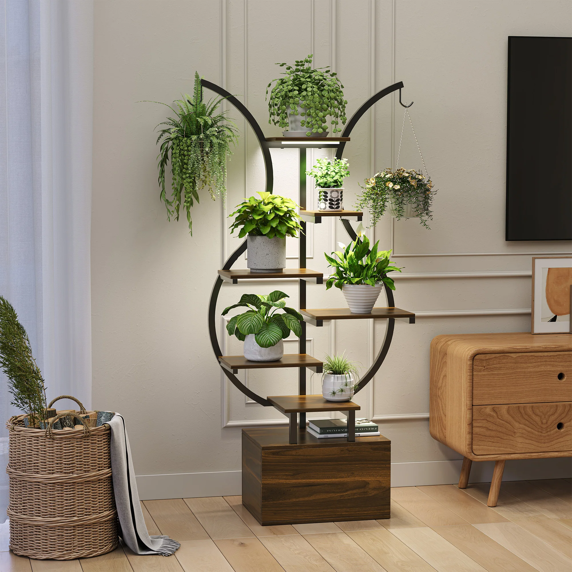 Anajqaqia 142cm Pflanzenständer mit Wachstumsbeleuchtung, Aufhängehaken, 7-stufiges Blumenregal, Metall-Holz-Pflanzenregal Deko für Innen- und Außenbereich Image