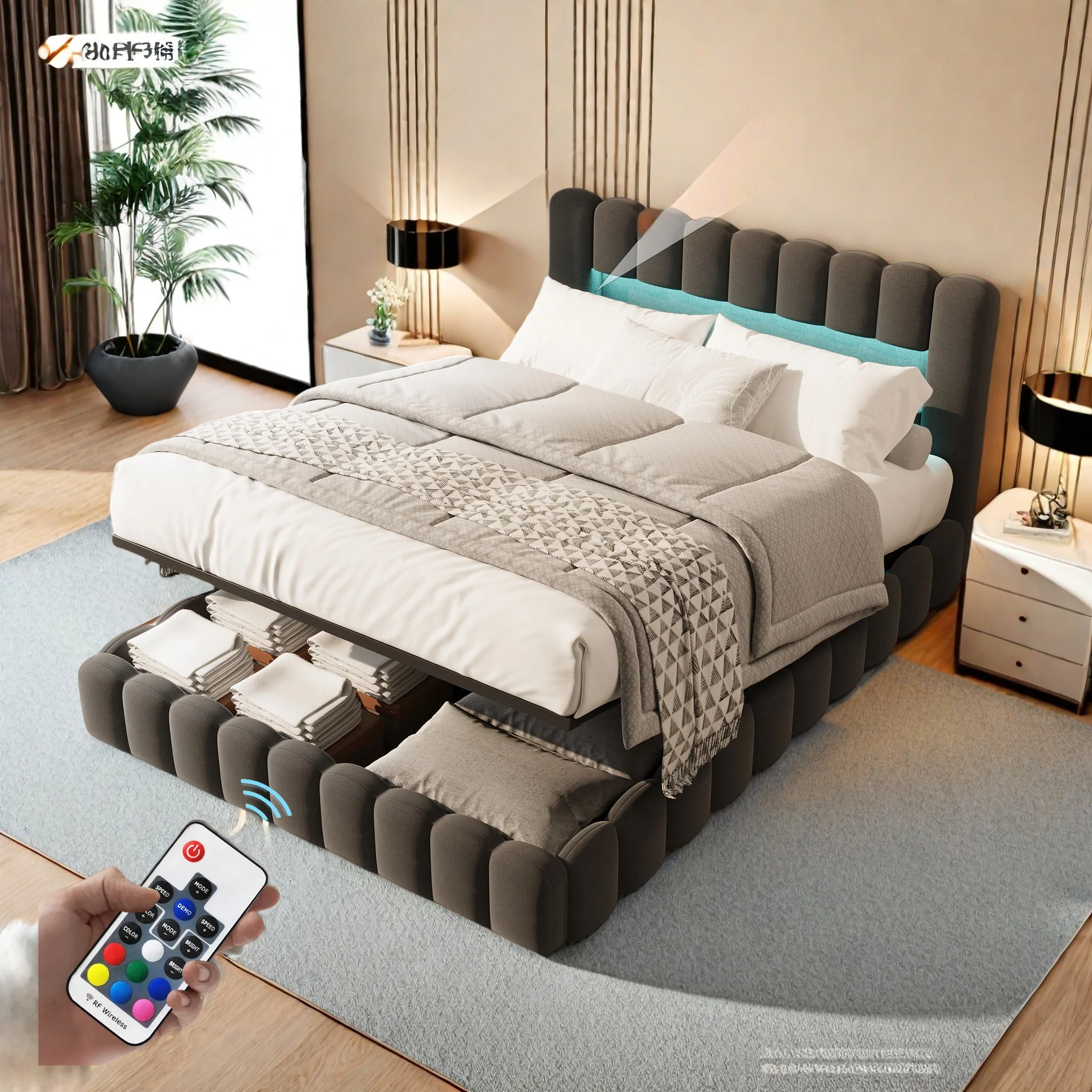 Bett 160 x 200 cm mit USB und LED, Doppelbett mit Aufbewahrung und Ladegerät mit Stauraum, Hydraulikbett mit Kopfteil aus Leinen Image