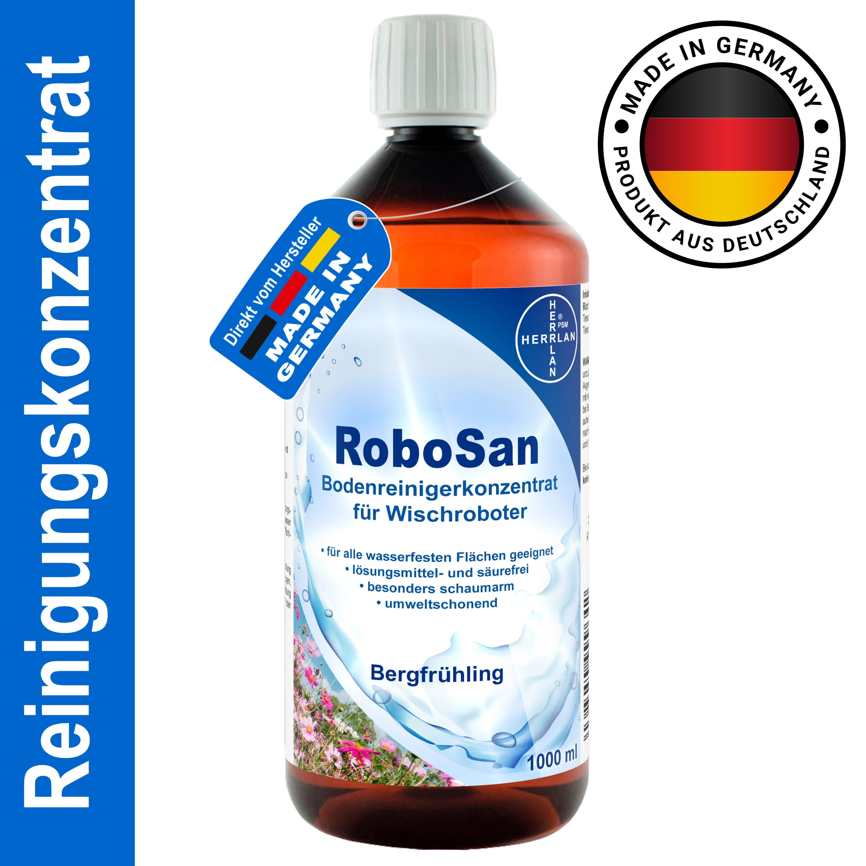 HERRLAN® RoboSan Bodenreiniger 1000 ml – Reinigungskonzentrat für Wischroboter - Duft: Bergfrühling - Für Saug & Wischroboter Image