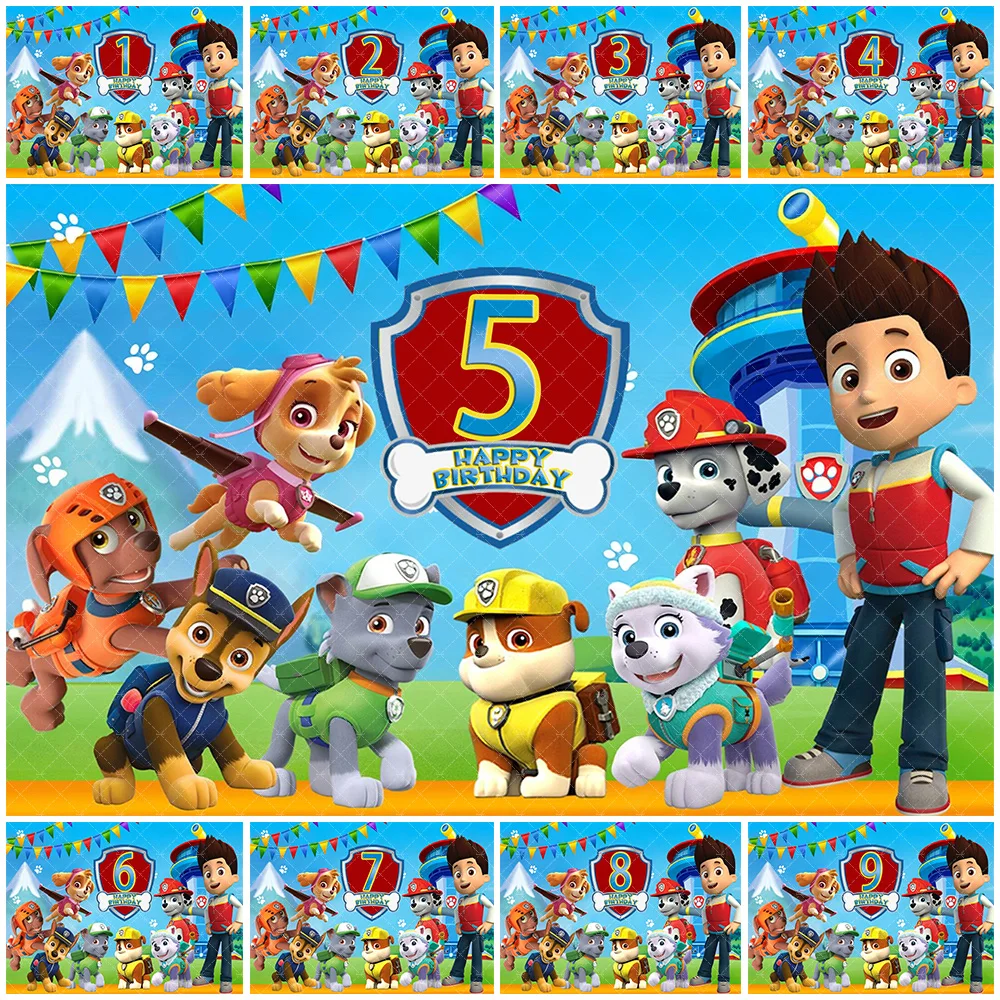 Paw Patrol Geburtstagsdekorationen, Partyzubehör, individuelle Zahl, Hintergrund, Fotografie-Hintergrund, Babyparty-Banner, Foto-Requisiten Image