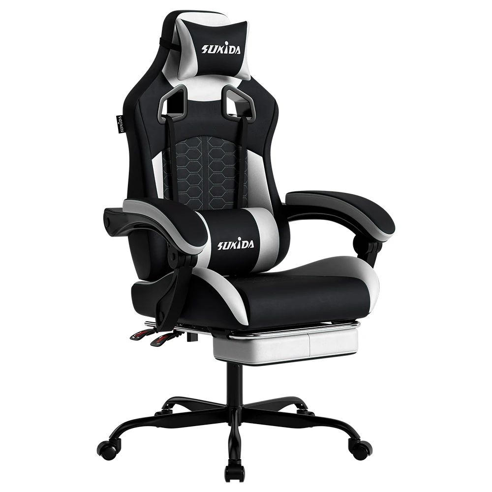 SUKIDA Ergonomischer Racing-Gaming-Stuhl, verstellbar, drehbar, mit Kopfstütze und Lordosenstütze für Büro und Gaming Image