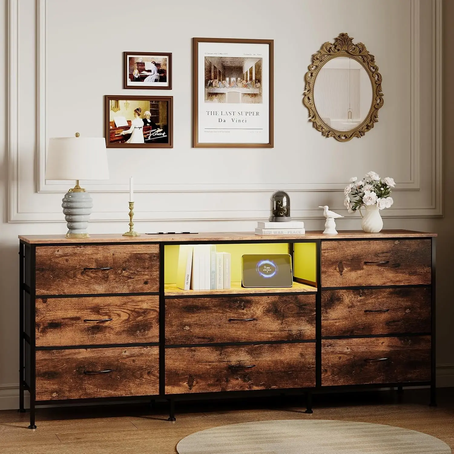 Moderner LED-TV-Ständer aus Eisen & Holz, Entertainment-Center, Medien-Aufbewahrungsschrank, Konsolentisch mit Stoffschubladen für das Wohnzimmer Image