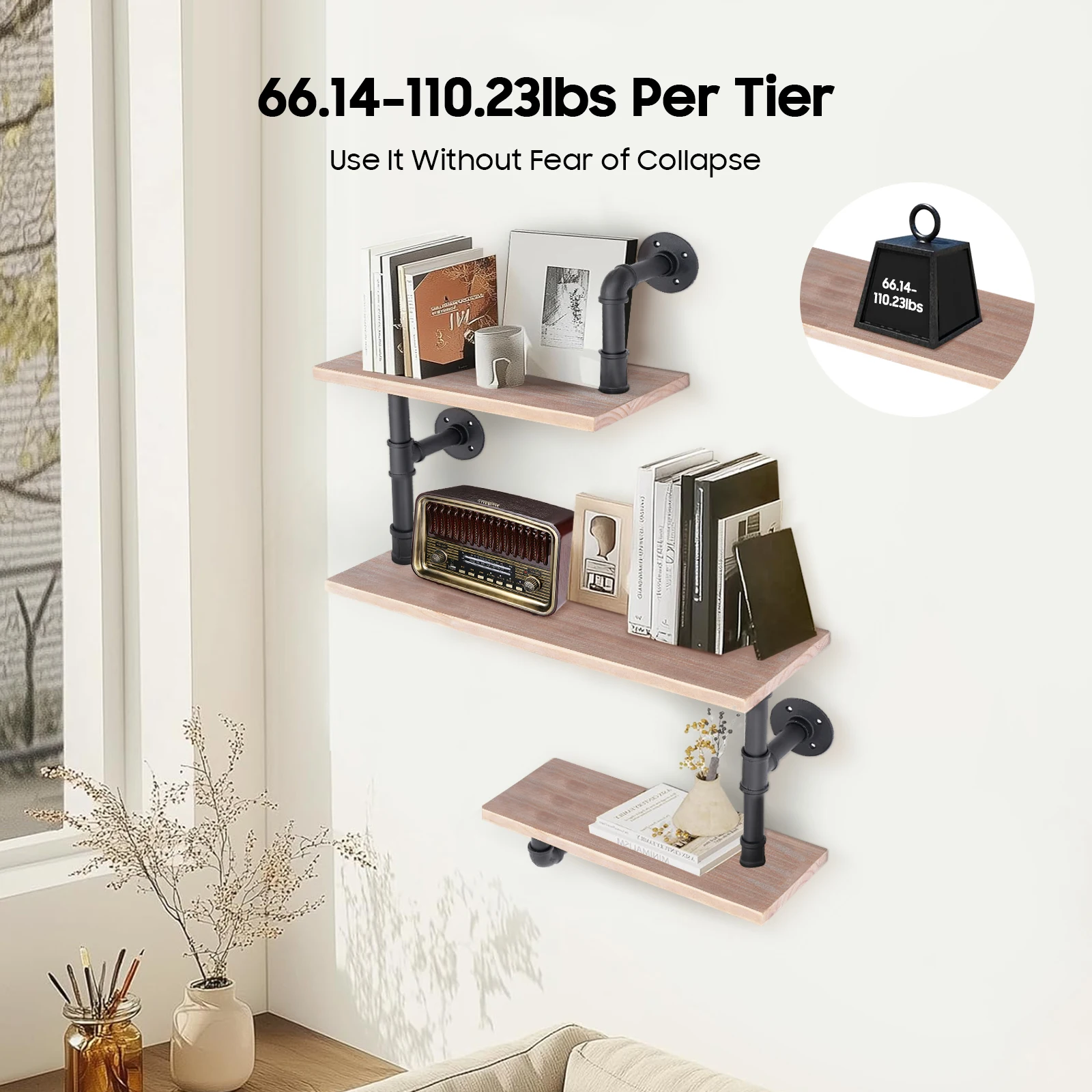 3-stöckiges Wandregal mit 50 kg Tragkraft, Rustikales Modernes Aufbewahrungsregal in Schwarz und Braun Offenes Displayregal für Schlafzimmer und Flur