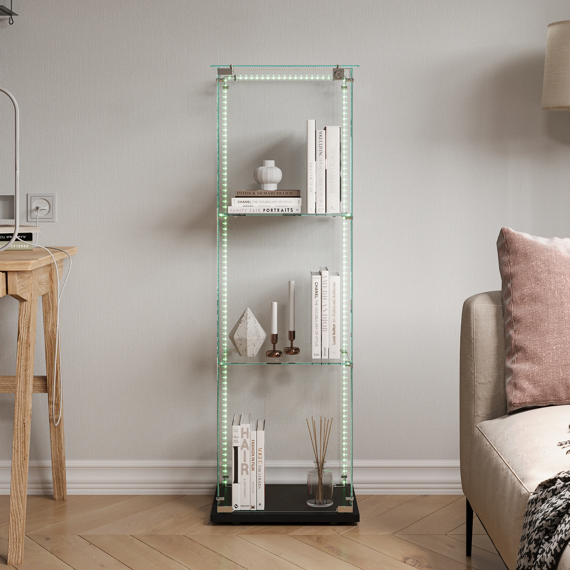 Anajqaqia Glas-Vitrine mit 1 Tür und Schloss, mit Lichtleiste, 3 Glaslagen, Freistehende Glas-Vitrine, Schwarz Image