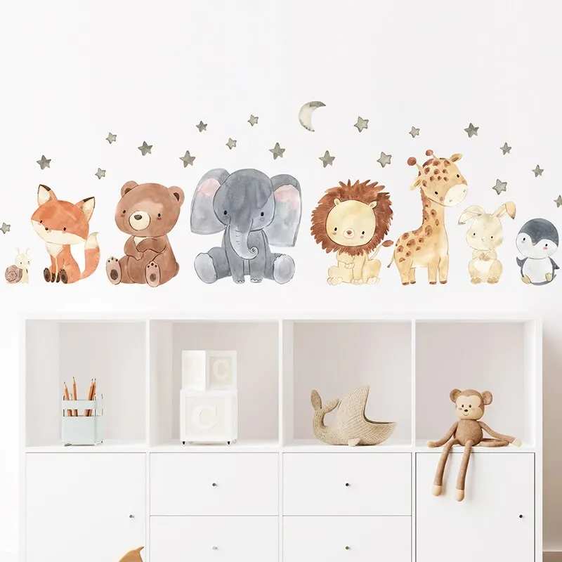 2 Stück Cartoon niedliche afrikanische Tiere Wandaufkleber Elefant Giraffe Bär Fuchs Kinderzimmer Kindergarten Heimdekoration Image