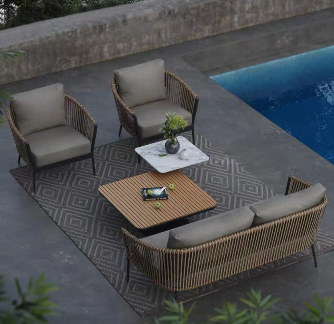 Outdoor-Rattansofa Hofgarten-Kombination Villa Balkon Freiluft-Hotel Kaffeetisch Rattanstuhl Wasserdicht Image