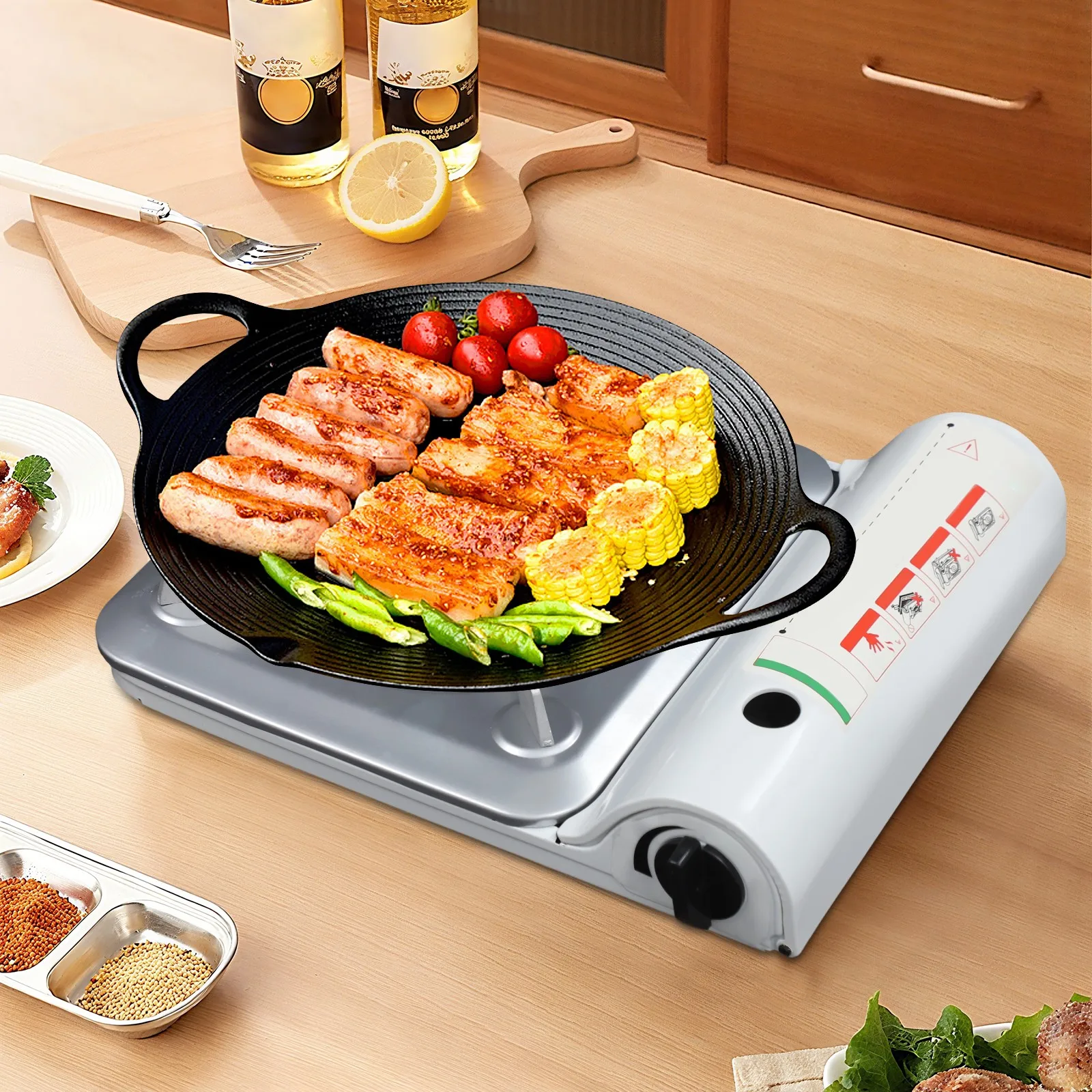 Tragbarer Gaskocher BBQ-Grill Campingkocher Butanbrenner mit Tragetasche Weiß Outdoor Picknick Wandern Reise Kochausrüstung Image