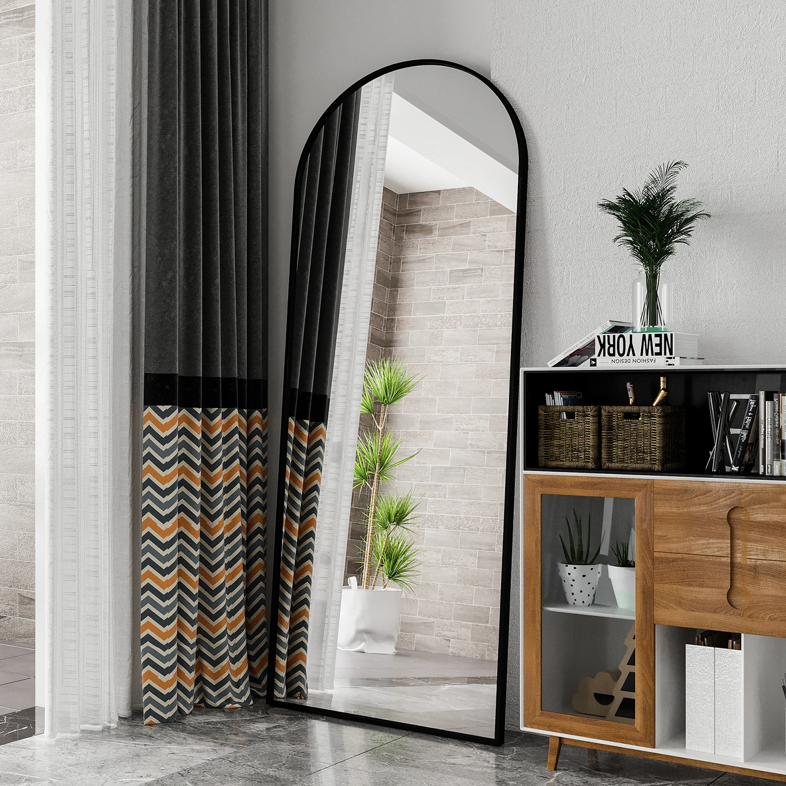 Comanlai 180 x 80 cm gebogener Standspiegel, Ganzkörperspiegel, Bodenspiegel mit gehärtetem Glas und Rahmen aus Aluminiumlegierung, Schwarz Image