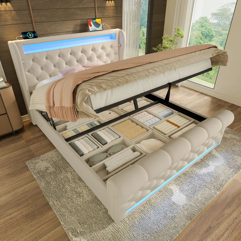 Modernes Polsterdoppelbett, LED-Beleuchtung, Kopfteil mit Stauraum und USB- & Typ-C-Anschlüssen, Hydraulisches Stauraumbett, Samt (ohne Matratze) Image
