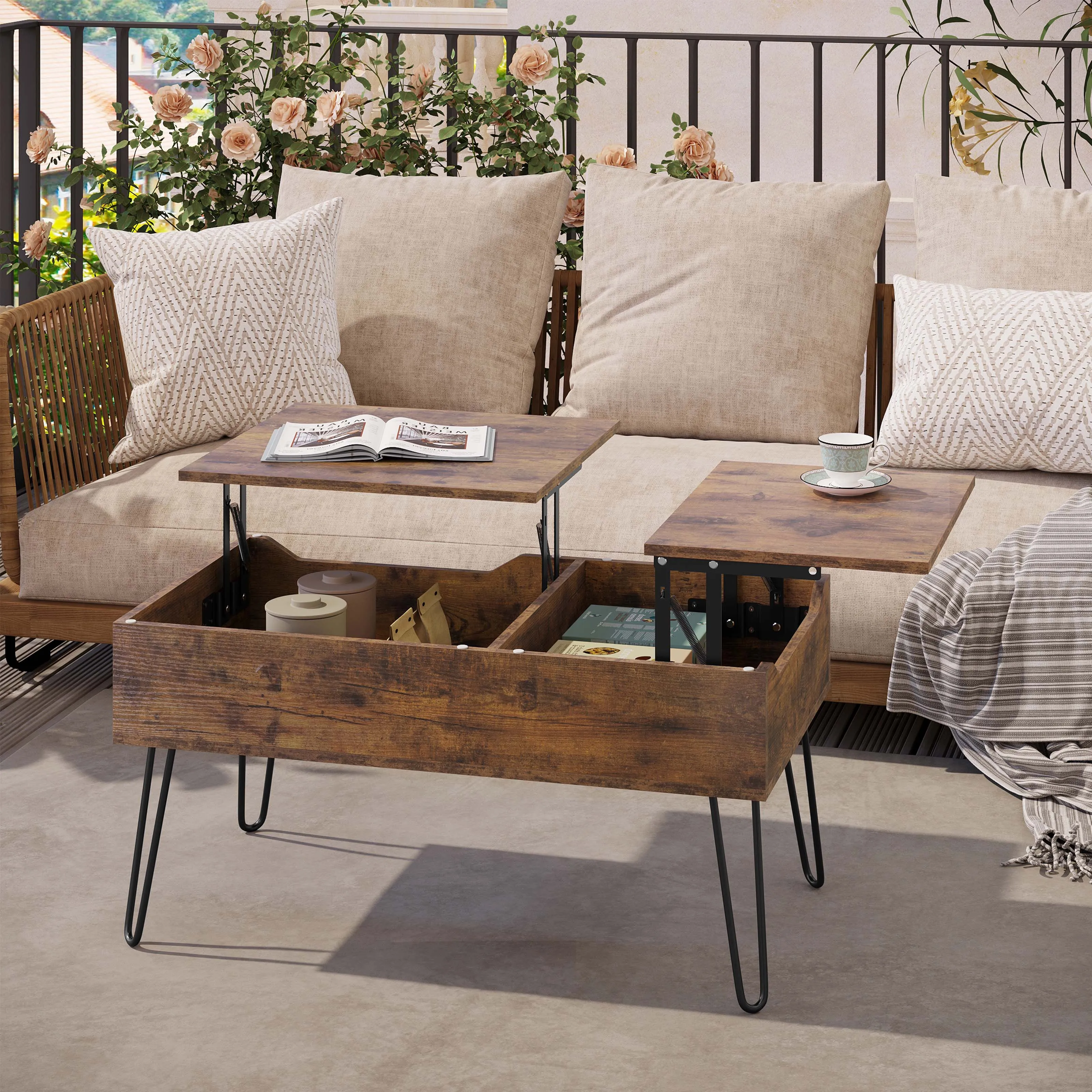 WOLTU Couchtisch mit doppelter Hebeplatte, Sofatisch, höhenverstellbarer, ausziehbarer Wohnzimmertisch, separate, versteckte Aufbewahrung Image