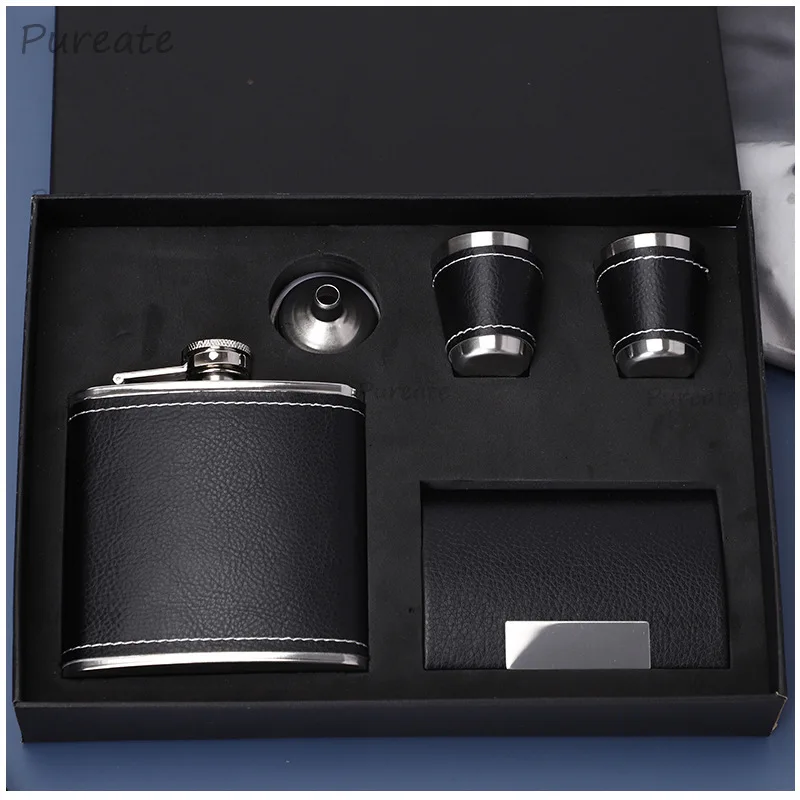 6OZ Tragbare Flasche mit 2 Bechern, Trichter und Zigarrenetui in Schwarz für Whiskey, Wodka, Wein, Alkohol-Geschenk, Trinkflasche Image