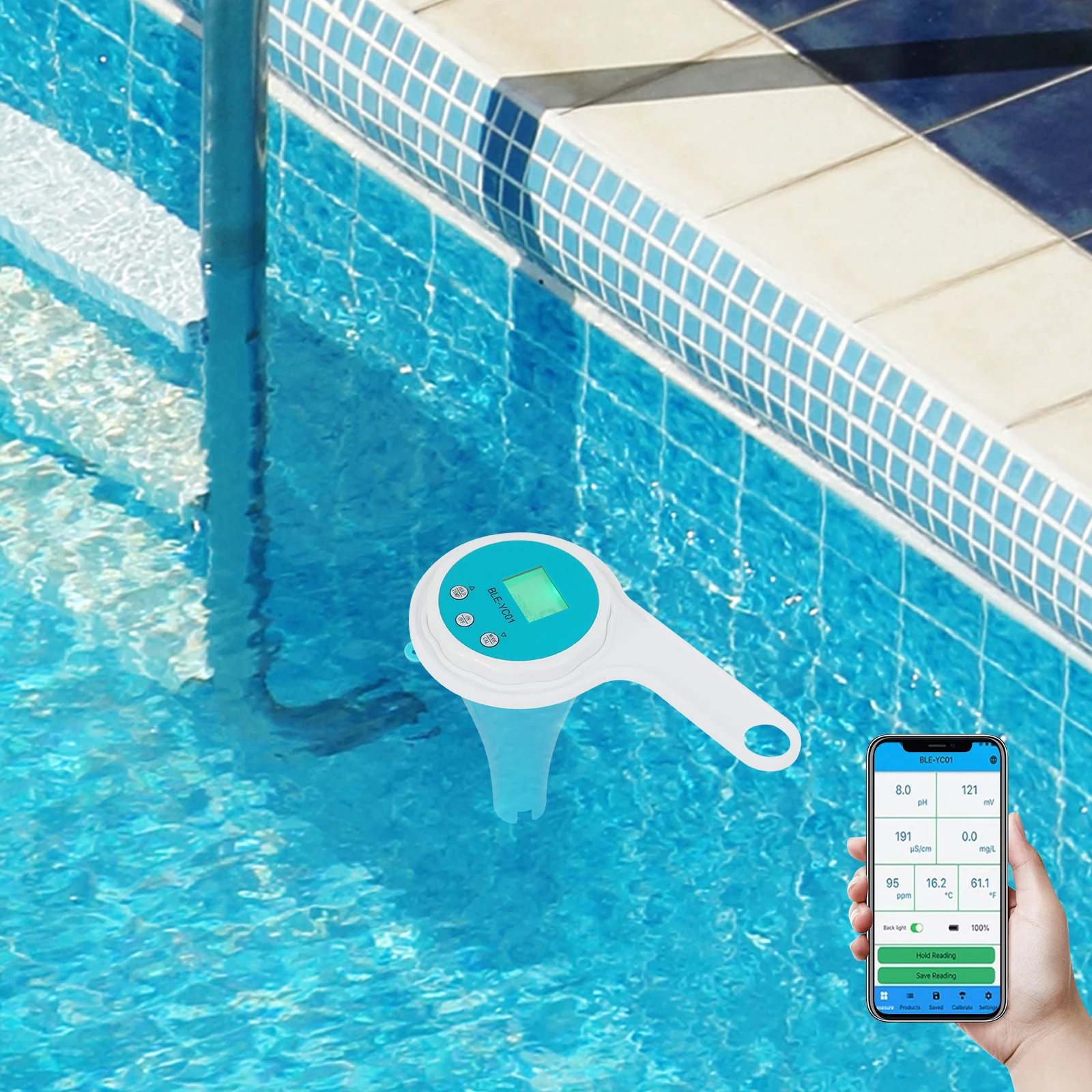 Digitaler Wassertester Bluetooth 6-in-1 mit App, Temperatur- und Restchlormessgerät, Wasserdichter Tragbarer Messer für Pool, Spa und Aquarium Image