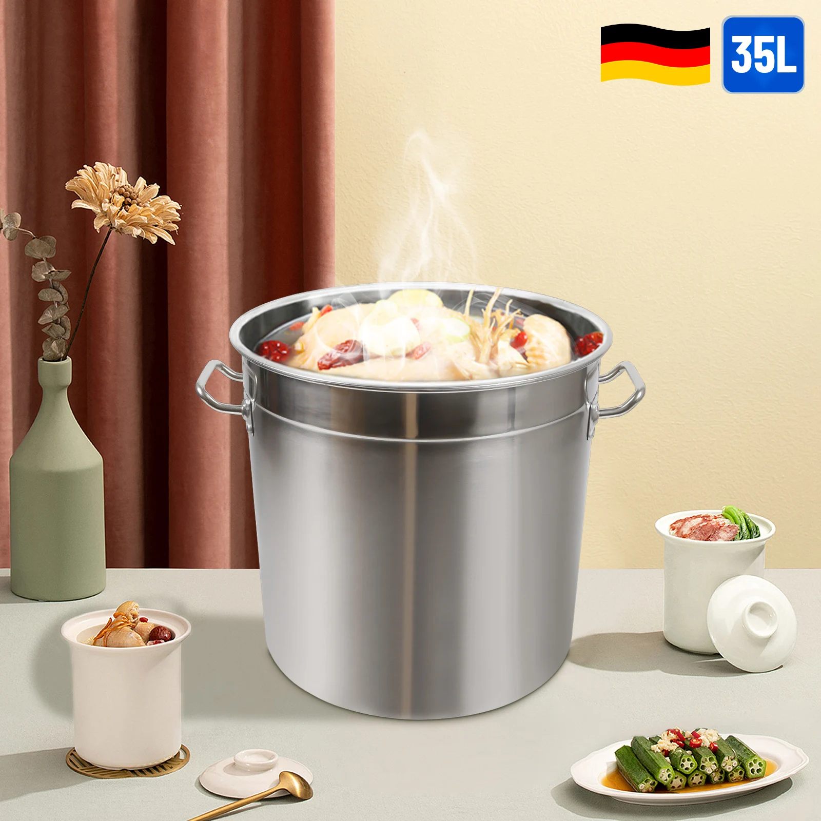 35L Edelstahl-Kochtopf Zylindrisch Große Kapazität Kochtopf Milchkanne mit Aufhängbarem Deckel für Hotels, Restaurants, Küchen Image