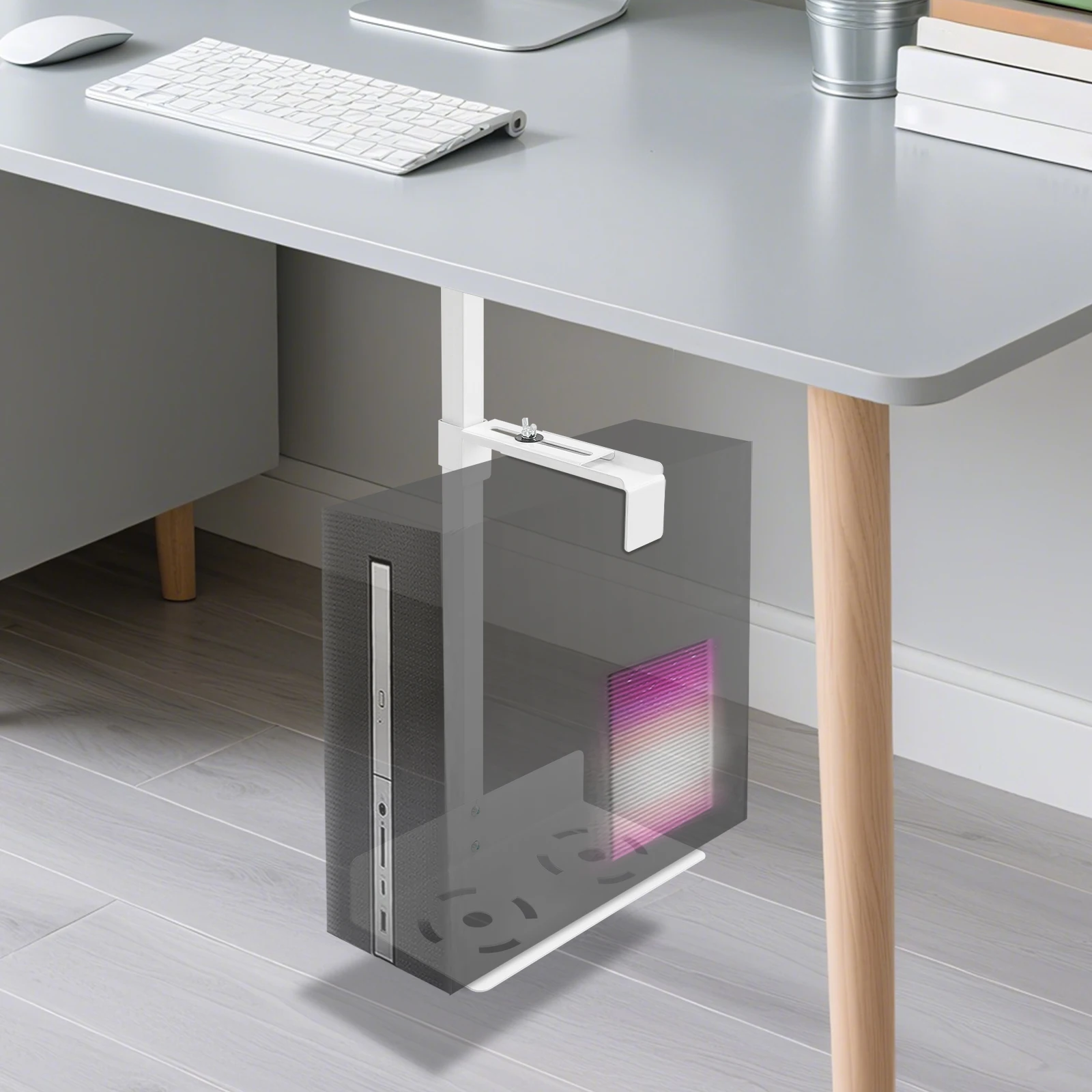 PC-Halterung unter dem Schreibtisch, hängende Computer-Host-Halterung mit vorgebohrten Löchern, verstellbare Gehäusehalterung für Büroangestellte und Gamer Image