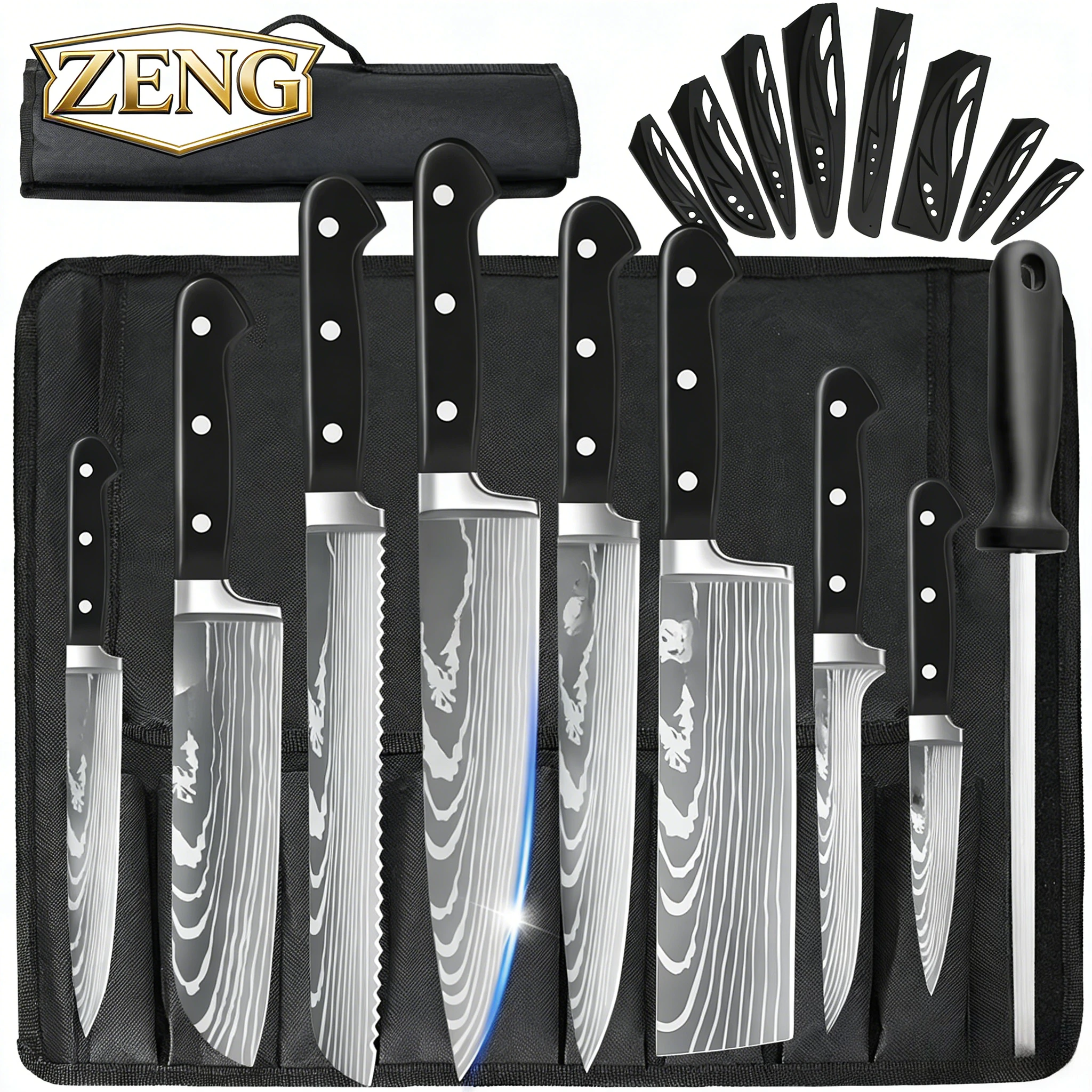 ZENG 8-teiliges Küchenmesser-Set Kochmesser-Set mit Schärfer aus Mittelkohlenstoff-Edelstahl zum Schneiden und Hacken von Fleisch, Fisch, Knochen und Gemüse Image