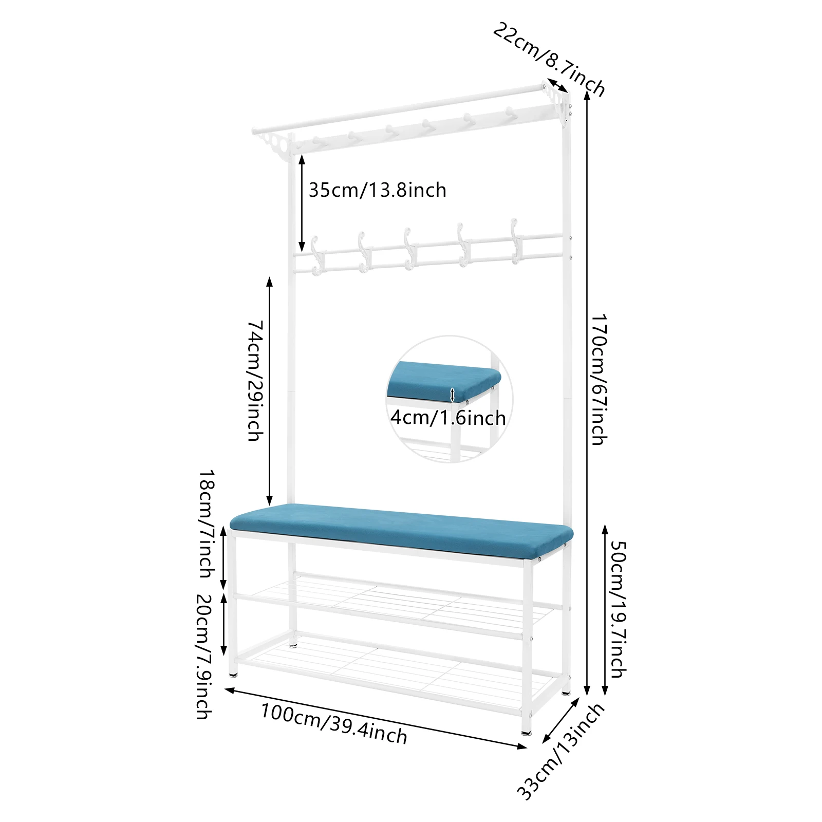 Multifunktionaler Garderobenständer mit Schuhbank (100cm), 11 Haken, Weißer Rahmen+Blau Kissen, 2-stufiges Regal & Bügelhaken für Zuhause Image