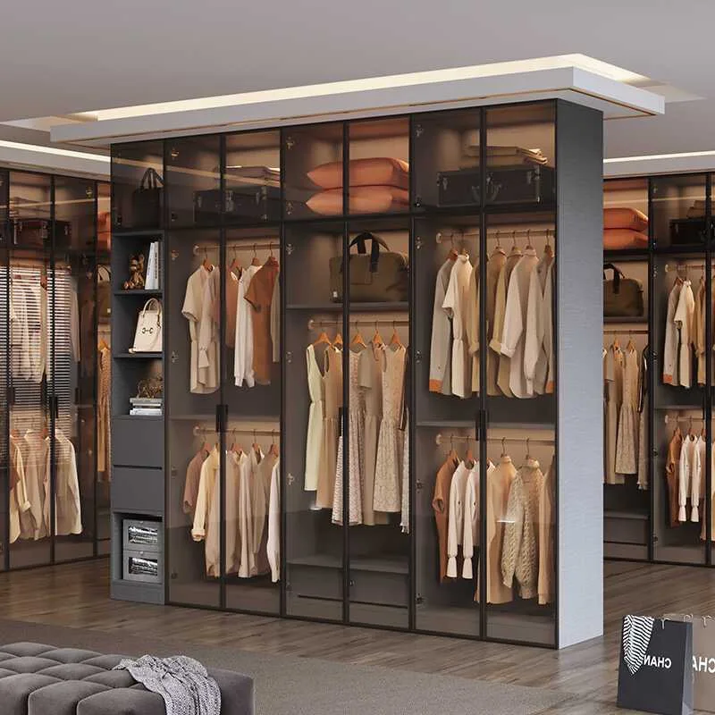Leichter Luxus Minimalistischer Massivholz-Glastür-Kleiderschrank für Zuhause Schlafzimmer L-Form Image
