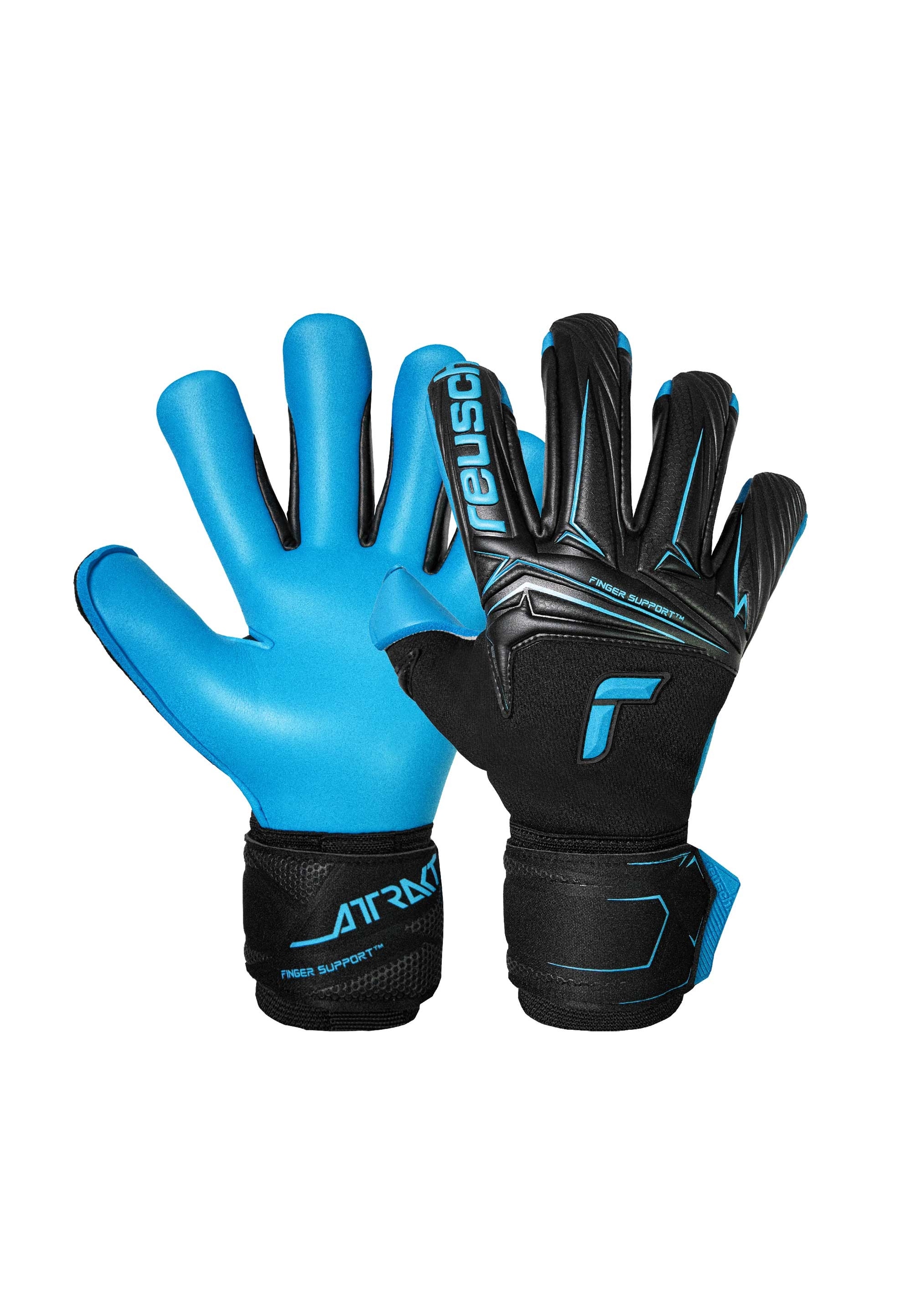 Torwarthandschuhe REUSCH "Attrakt Aqua Finger Support", Damen, Gr. 10, schwarz, blau, 41% Latex, 25% Polyester, 18% Polypropylen, 7% Polyamid, 6% Synthetik, 3% Polyurethan, Handschuhe, mit integriertem Fingersupport-System Image