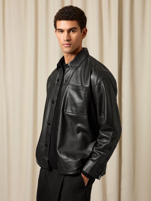 Monogram Embossed Leather Jacket Relaxed-Fit - Black - Reiss Jackets