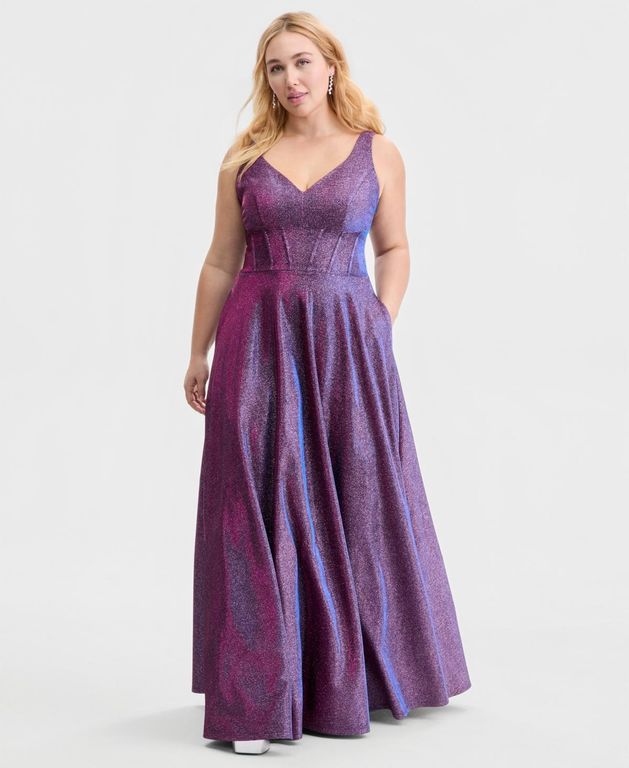 Trendy Plus Size Glitter V-neck Sleeveless Gown - Purple - City Studios Dresses