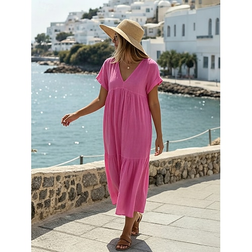 Damen Midikleid 100% Baumwolle Baumwoll-Leinenkleid Mode Modern Outdoor Urlaub Ferien Lässiger Schnitt Einfach Kurzarm V Ausschnitt Blau Schwarz Weiß Hellgrün Sommer Frühling Image