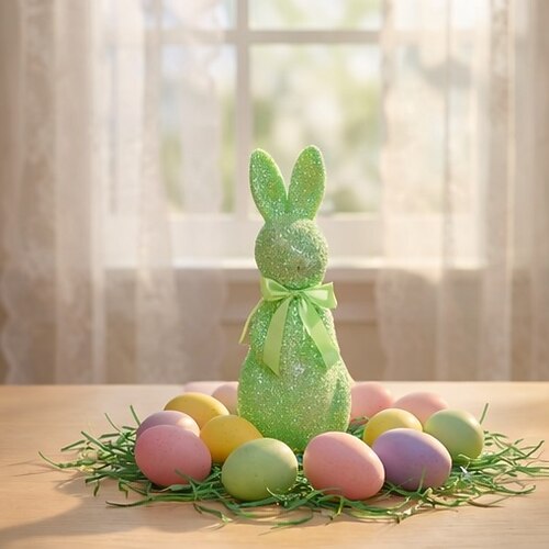 Osterkorb-Füllung: Stehender Osterhase, hochwertige Nachbildung mit glitzernder rosa Schleife, Dekoration für Haus, Garten oder Hof