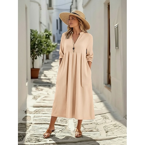 Damen Midikleid Baumwoll-Leinen-Kleider Baumwoll-Leinenkleid Vintage Mode Modern Täglich Outdoor Urlaub Lässiger Schnitt Einfach Langarm V Ausschnitt Blau Weiß Rosa Grün Sommer Frühling Herbst Image